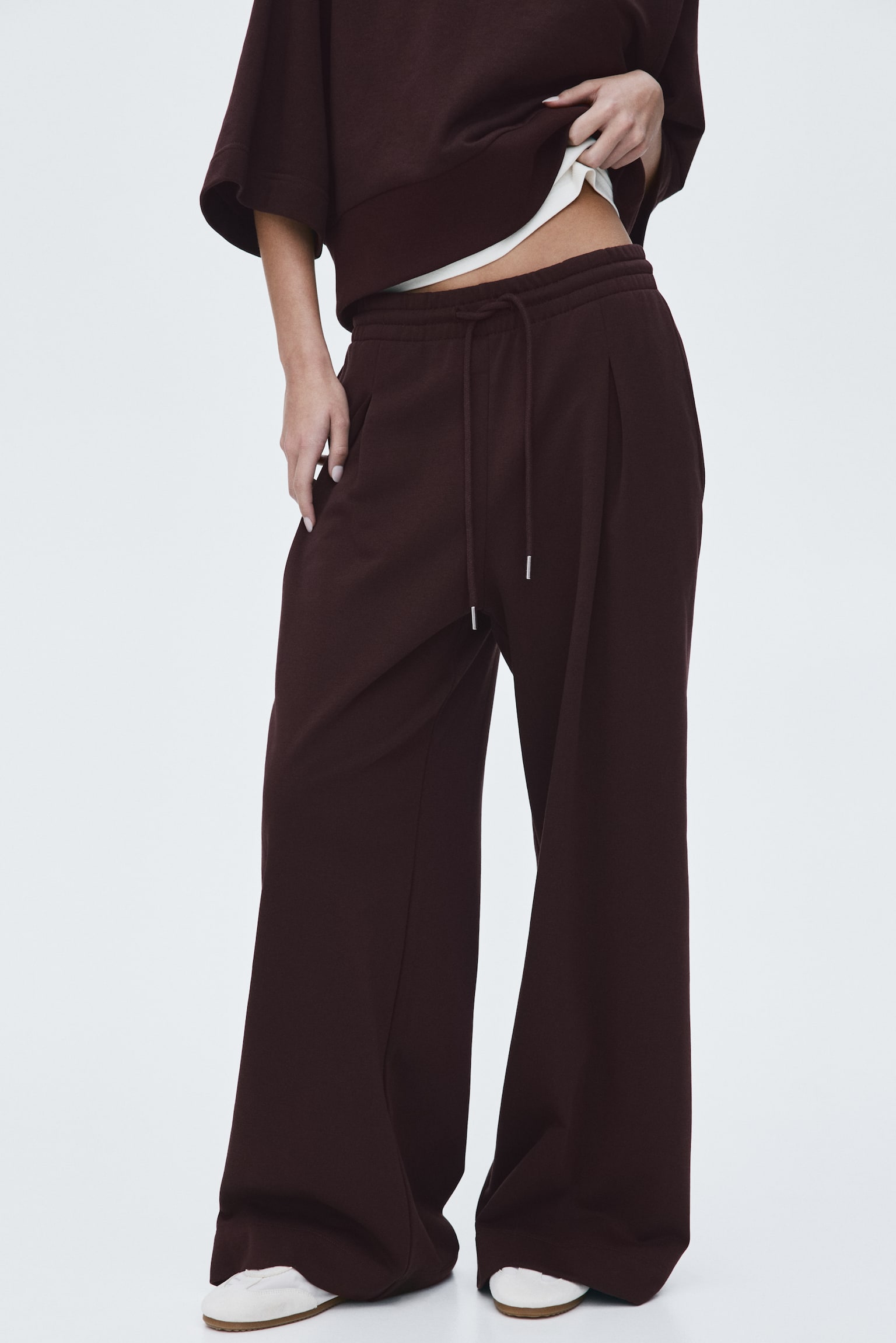 Pleat-detail drawstring trousers - Burgundy/Dark beige/Light beige - 5