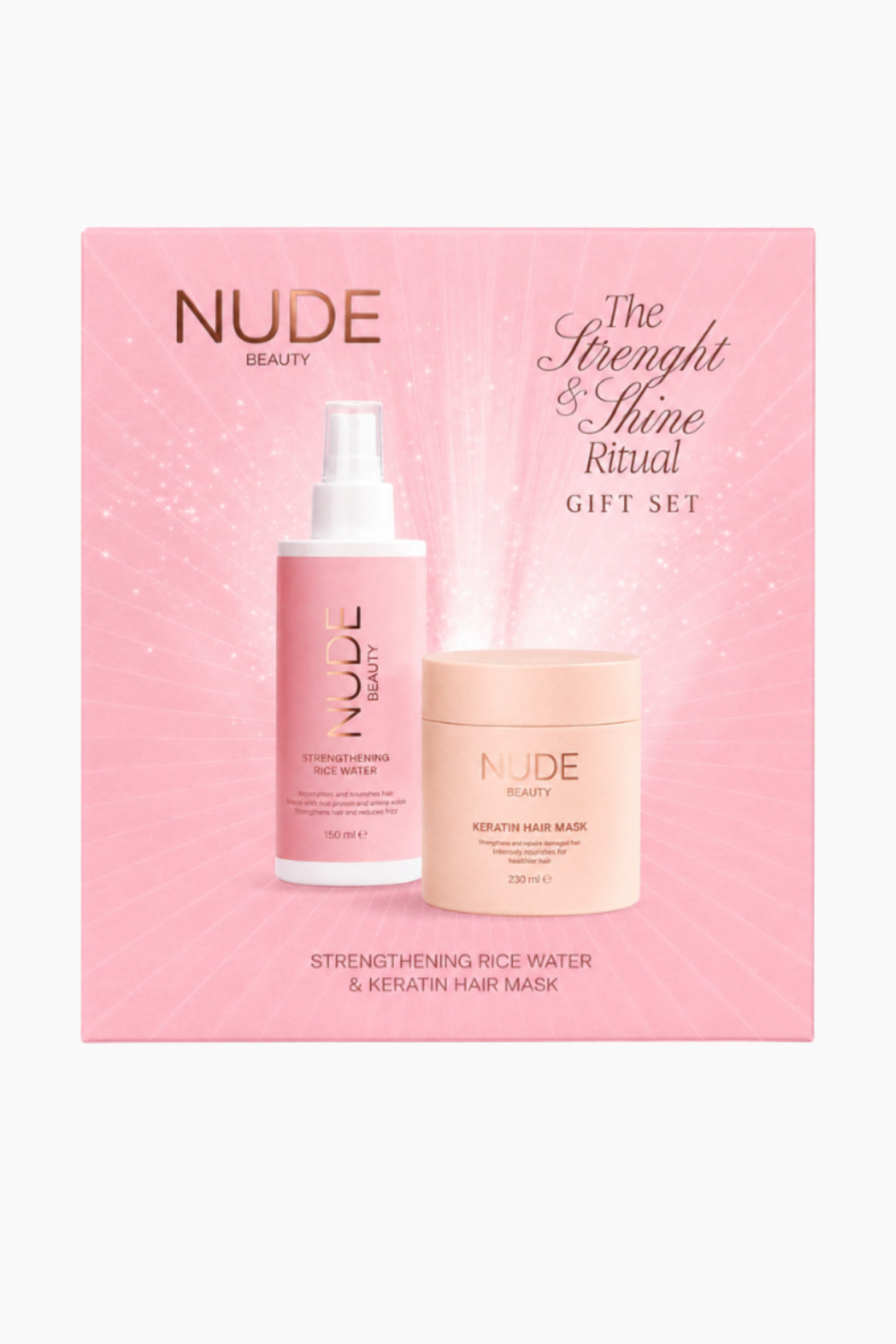 Vis større bilde: Strenght & Shine Ritual-gavesettet vises som en firkantet, lys rosa eske dekorert med et subtilt stjernemønster og elegant typografi. Den frontvendte emballasjen viser en hvit og rosa sprayflaske med Strengthening Rice Water stående ved siden av en ferskenfarget krukke med Keratin Hair Mask.