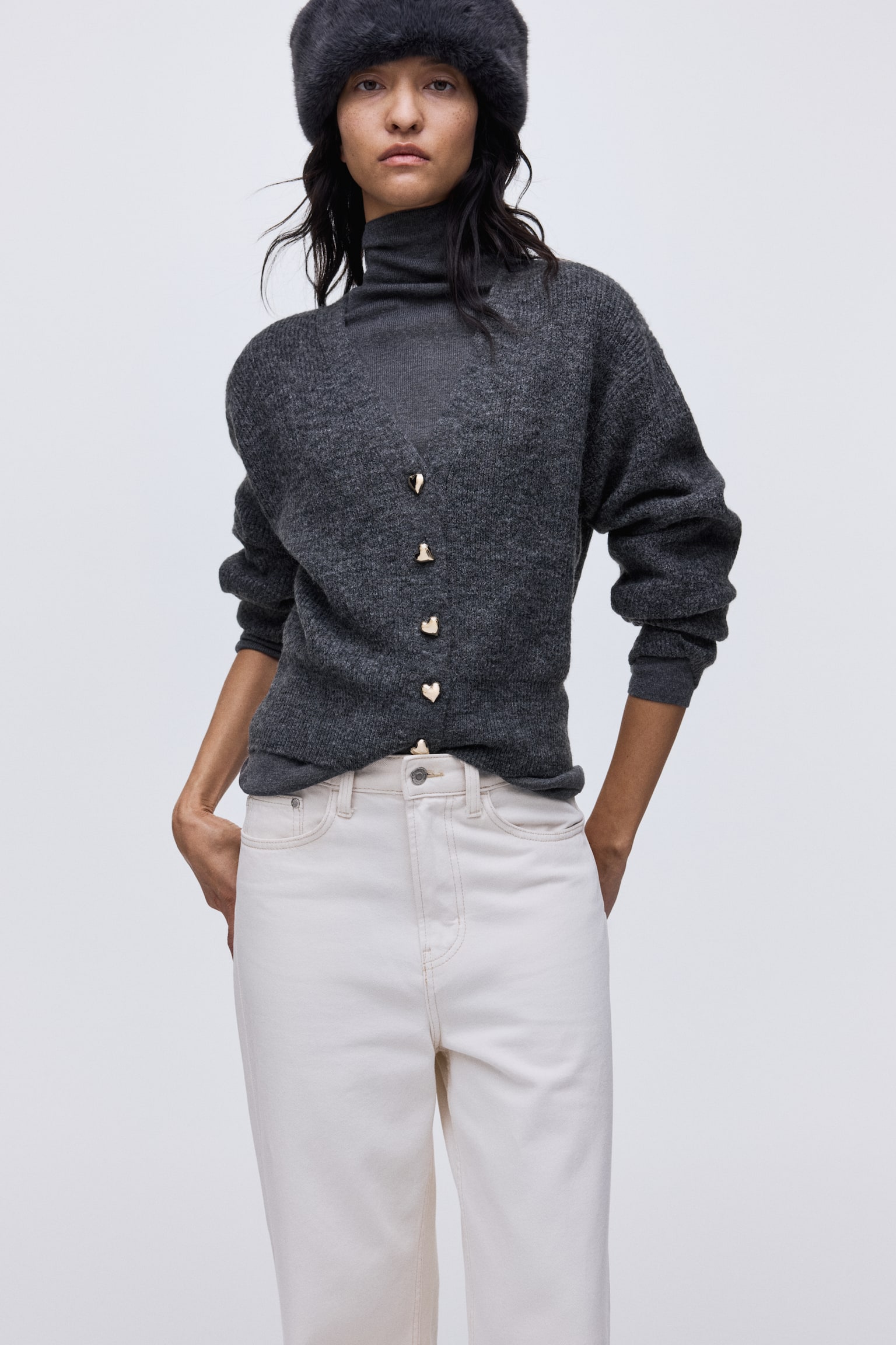 קרדיגן ריב - אפור כהה/סגול שזיף כהה/קרם - 4