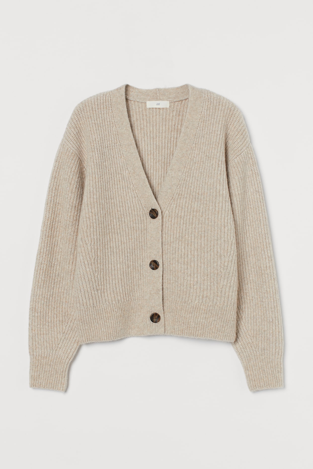 Rib-knit cardigan - V-neck - Long sleeve - Light beige marl - Ladies ...