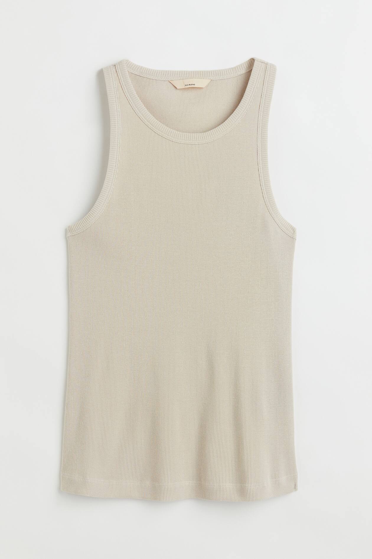 Silk-blend Tank Top - Round Neck - Sleeveless - Light beige  