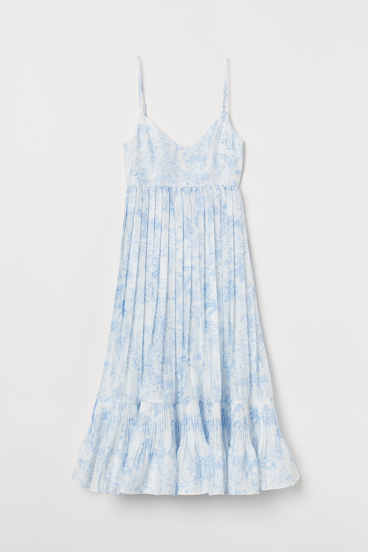 Pleated Dress - V-neck - Sleeveless - White/blue patterned - Ladies | H ...