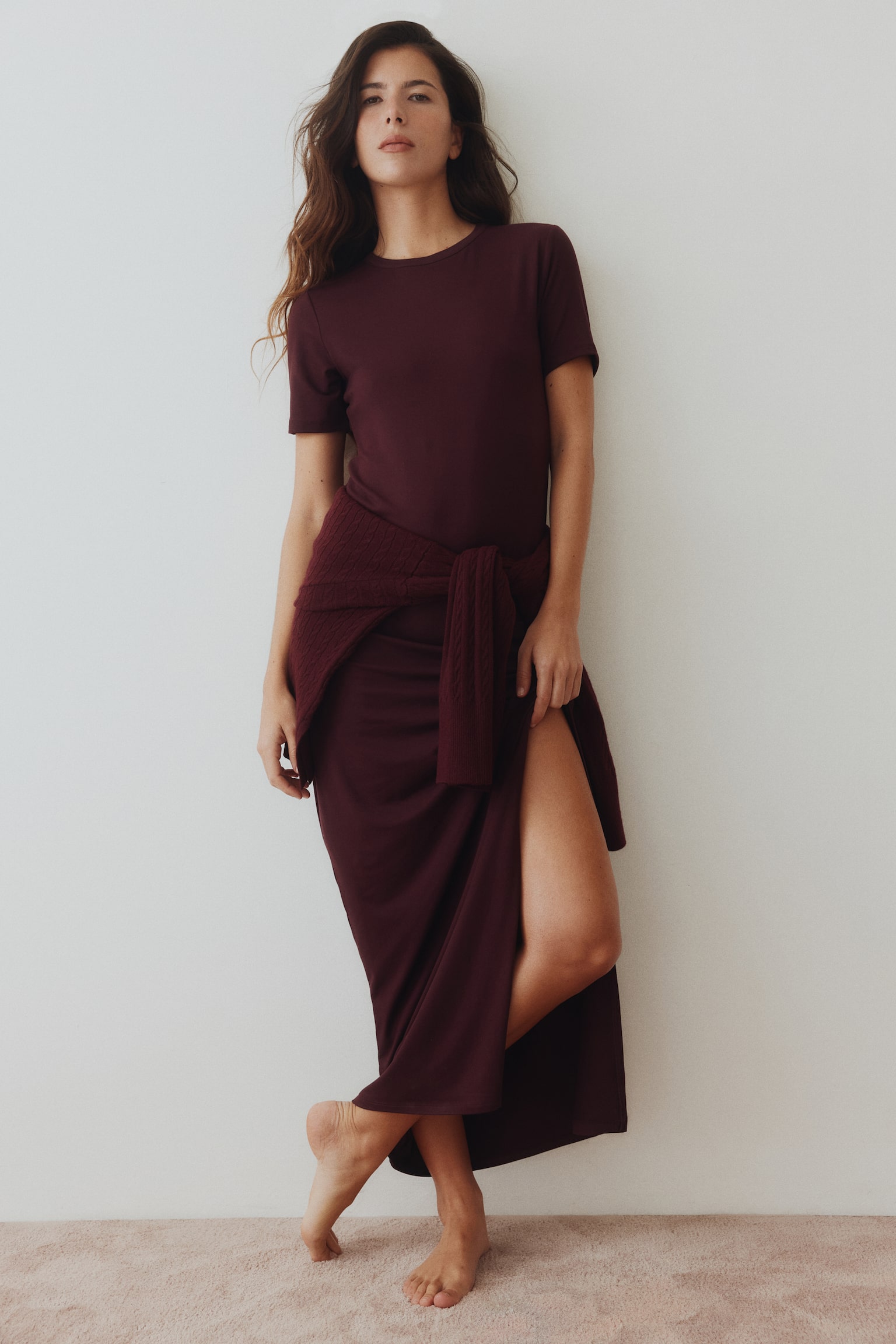Long T-shirt dress - Burgundy - 1