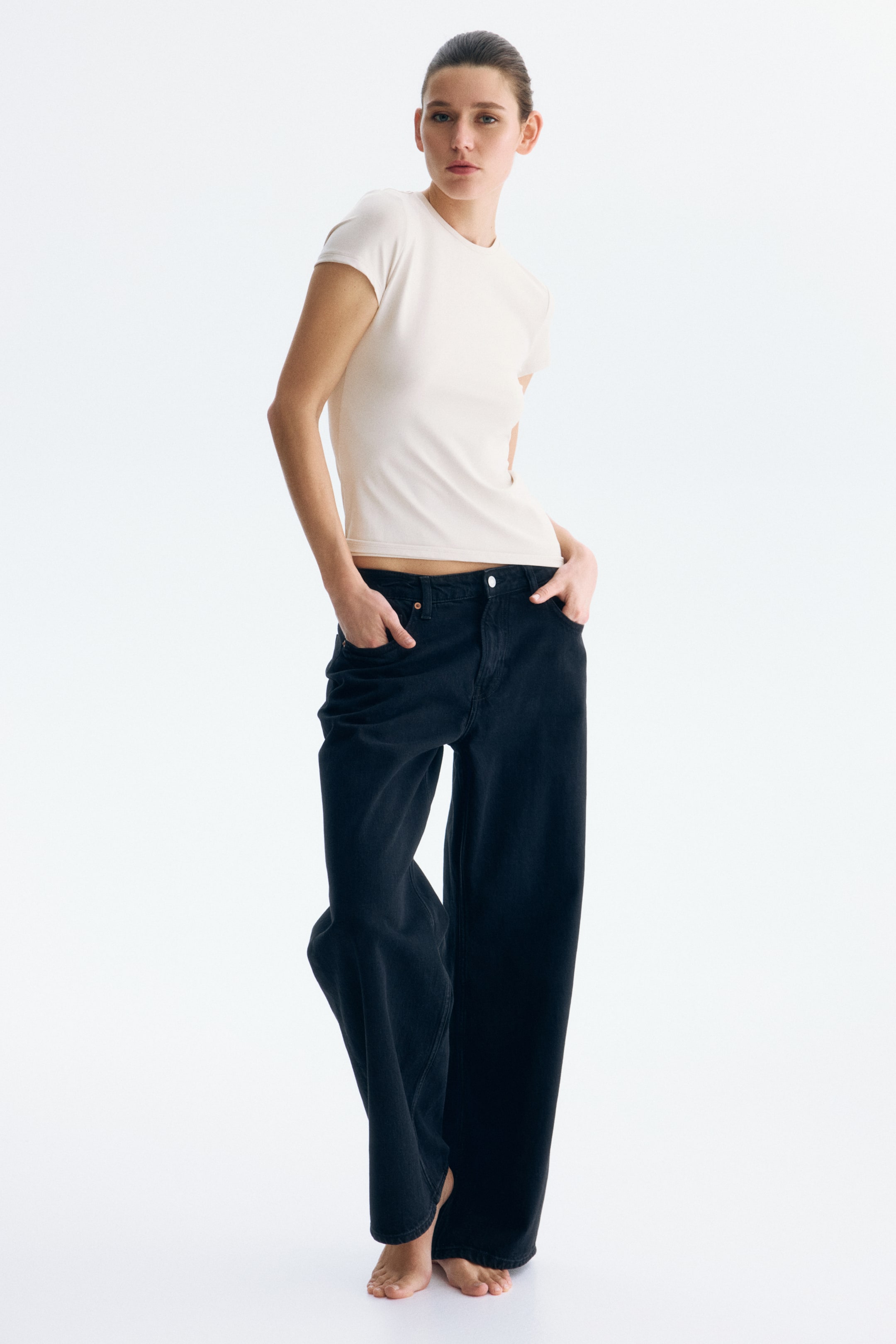 View larger image: Fitted microfibre T-shirt - Light beige - Ladies | H&M 1