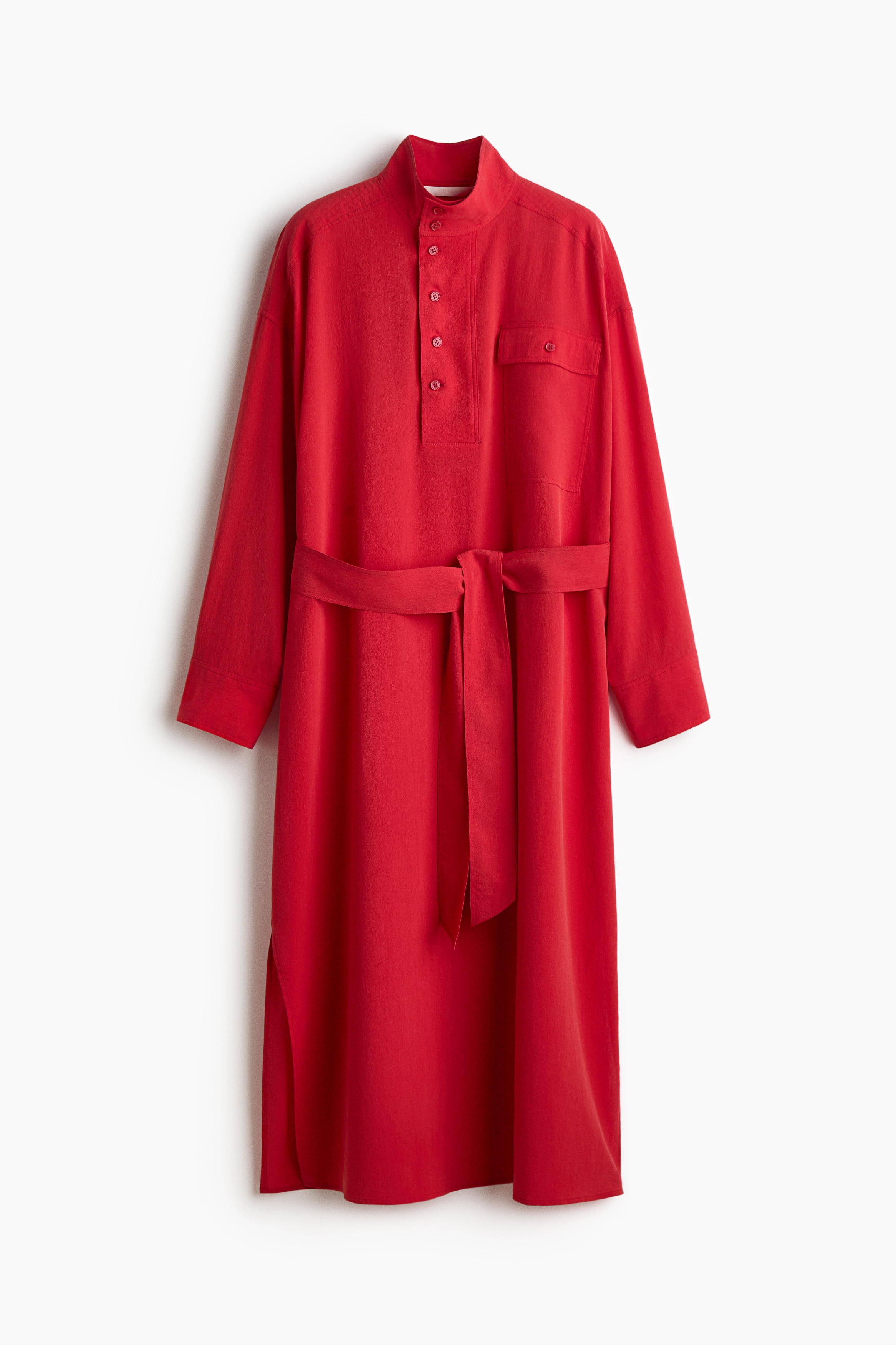 Long-sleeved tie-belt dress - Red