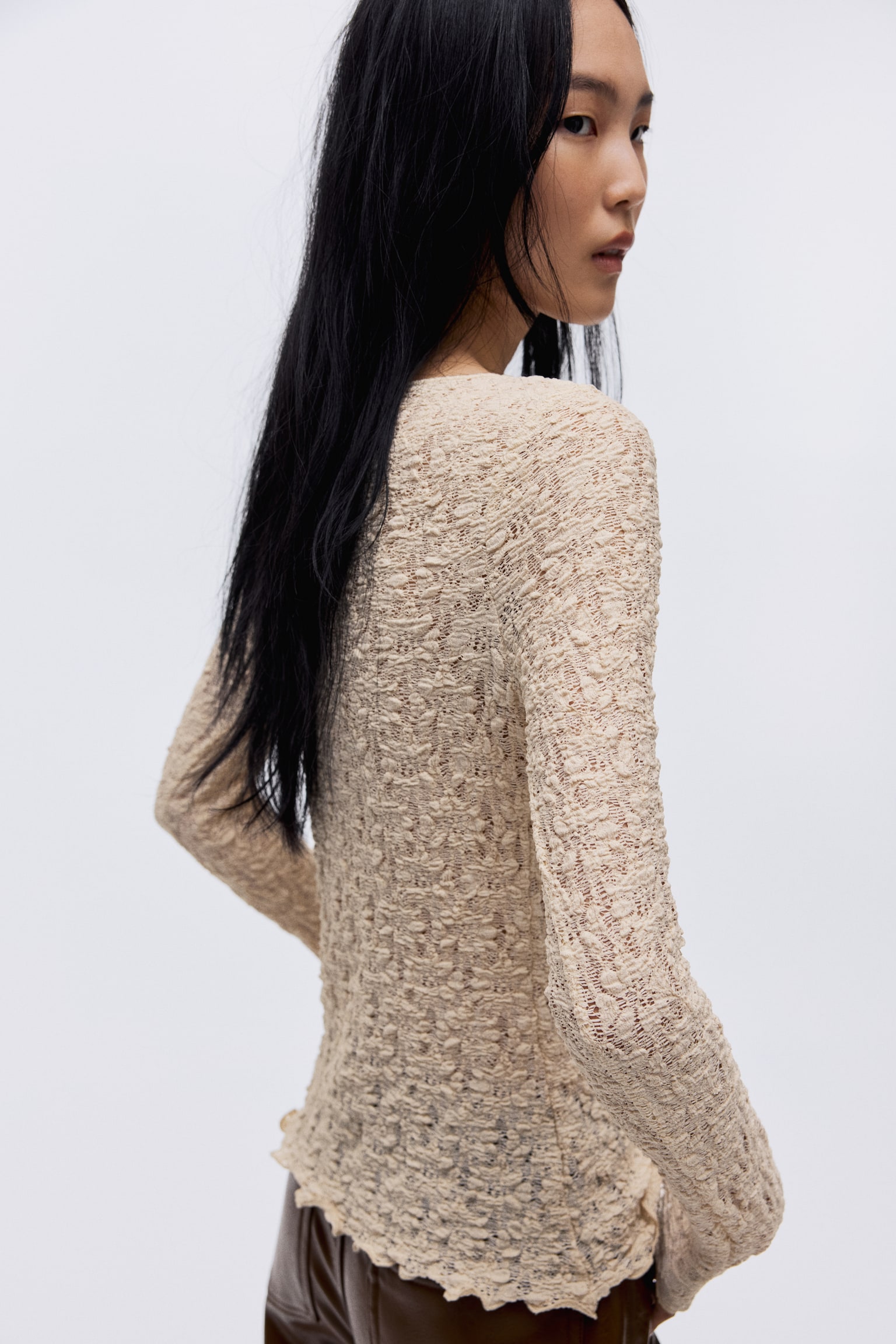 Lace-look jersey top - Light beige/Dark brown/Black - 5