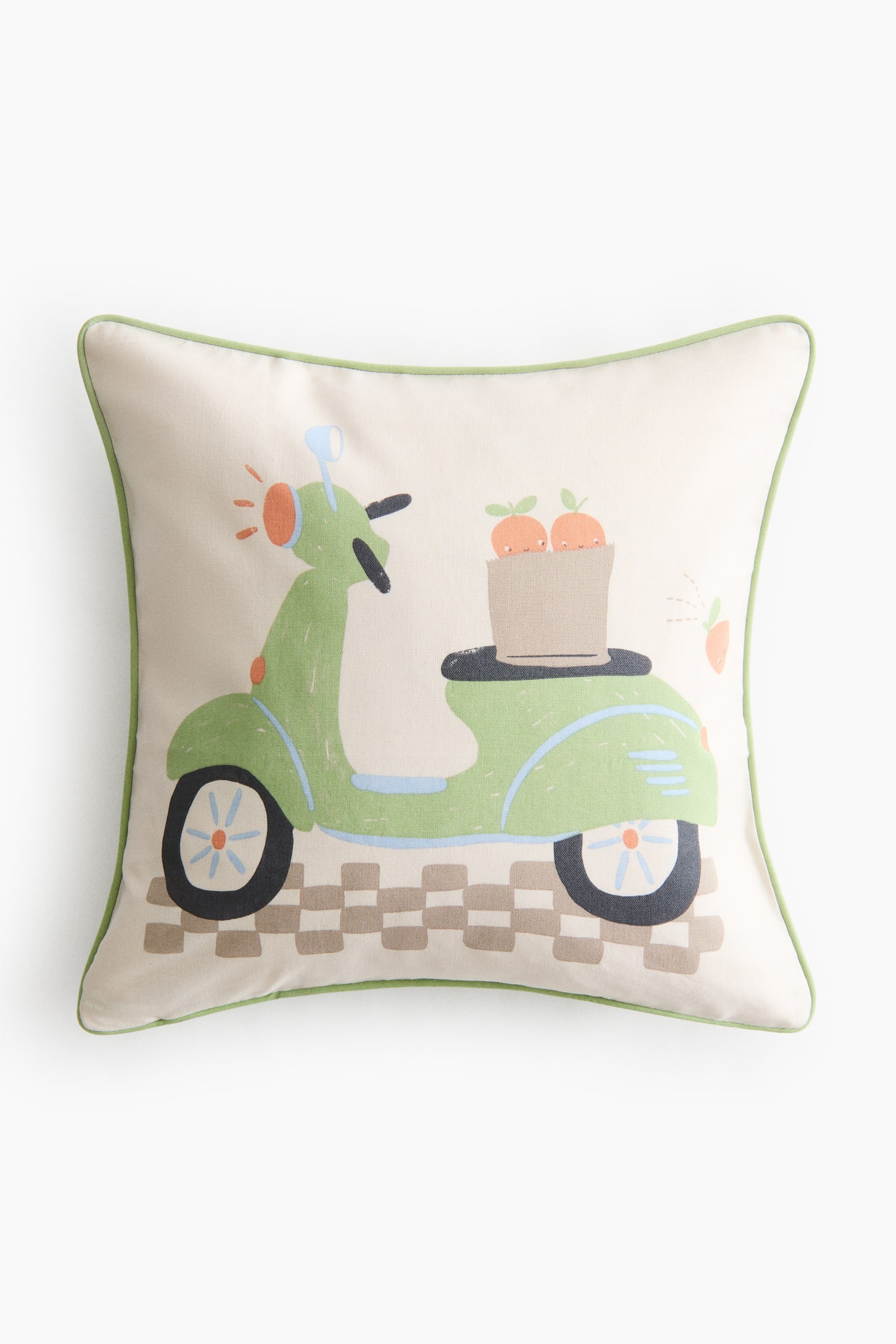 Housse de coussin en toile de coton imprimée - Vert/scooter/Beige clair/tyrannosaure - 1