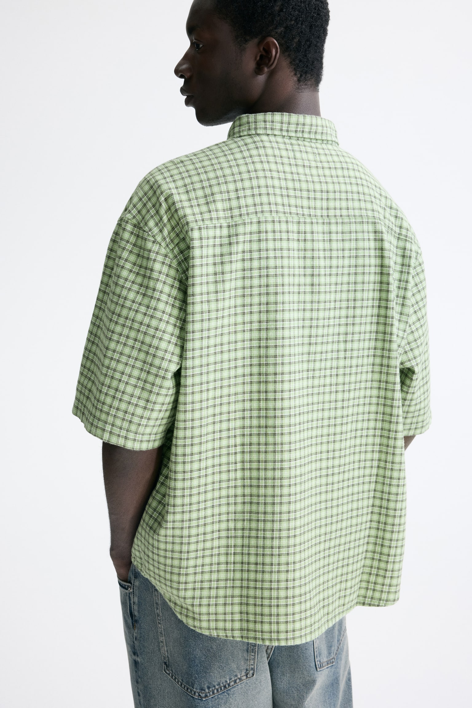 Мужская рубашка H&M Relaxed-Fit Cotton Flannel, цвет: Зелёный / Клетчатый — фото 5