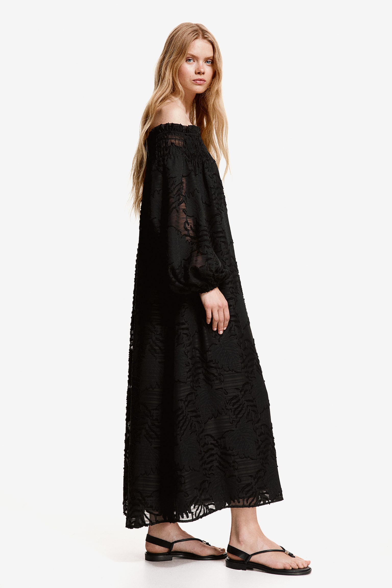 Jacquard Weave Off The Shoulder Dress - Black - 6