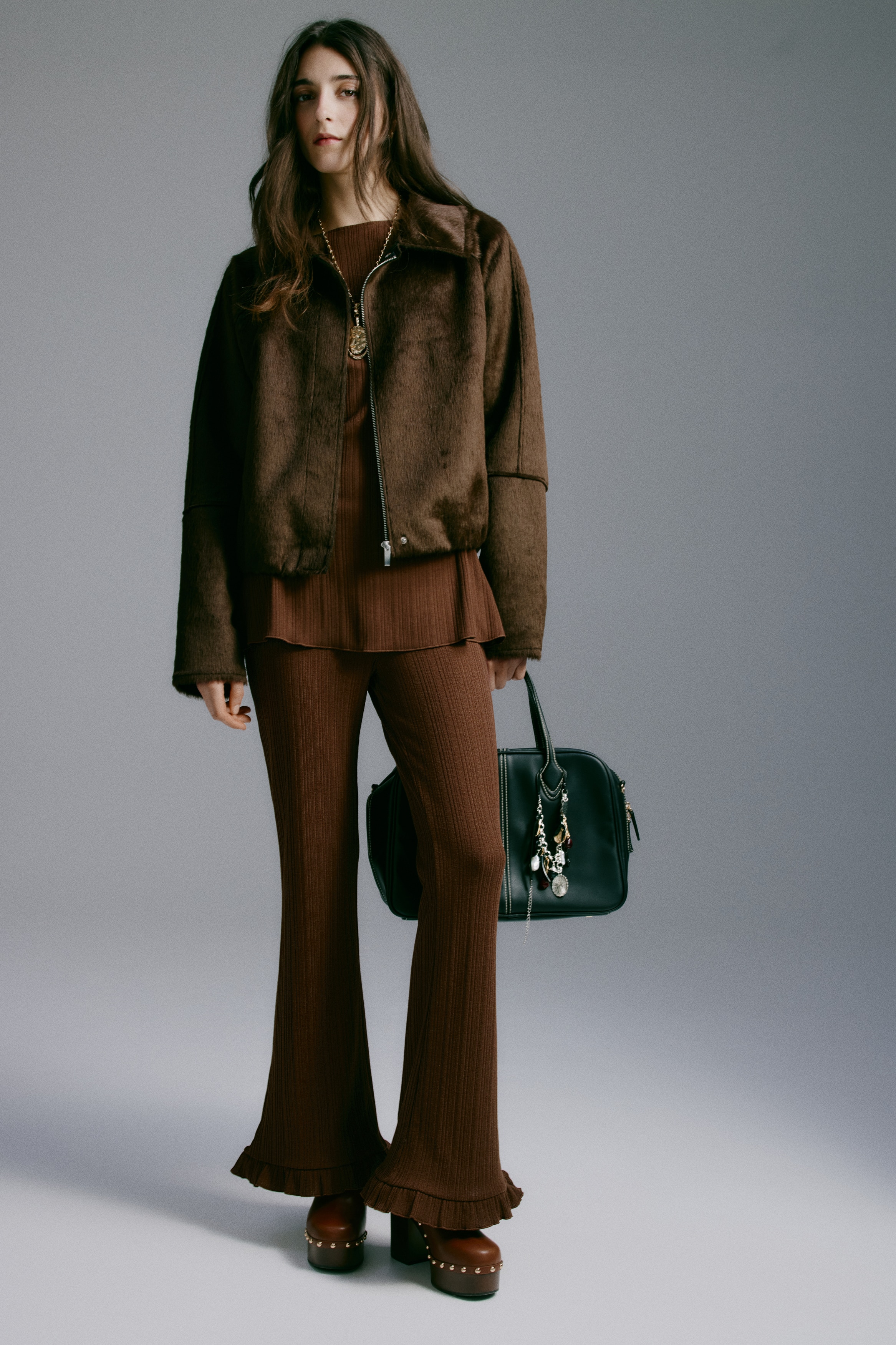 Ribgebreide flared broek - Bruin/Lichtroze