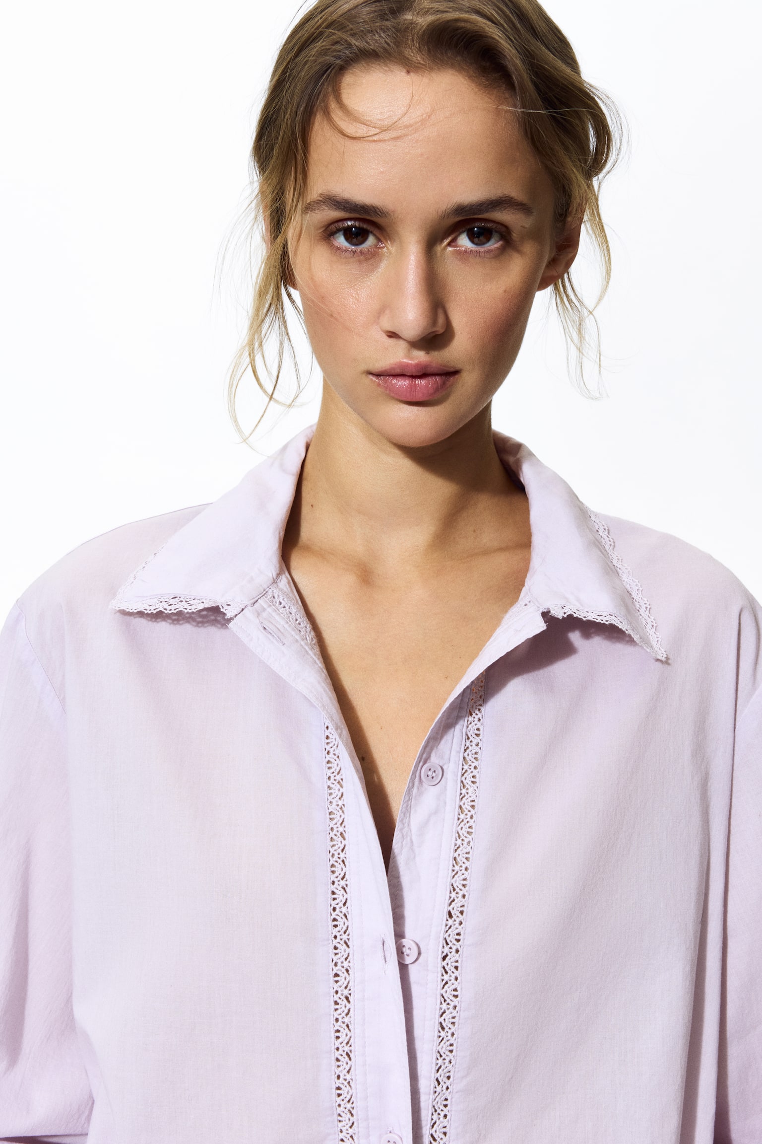 Lace-trimmed cotton shirt - Light purple/White - 6
