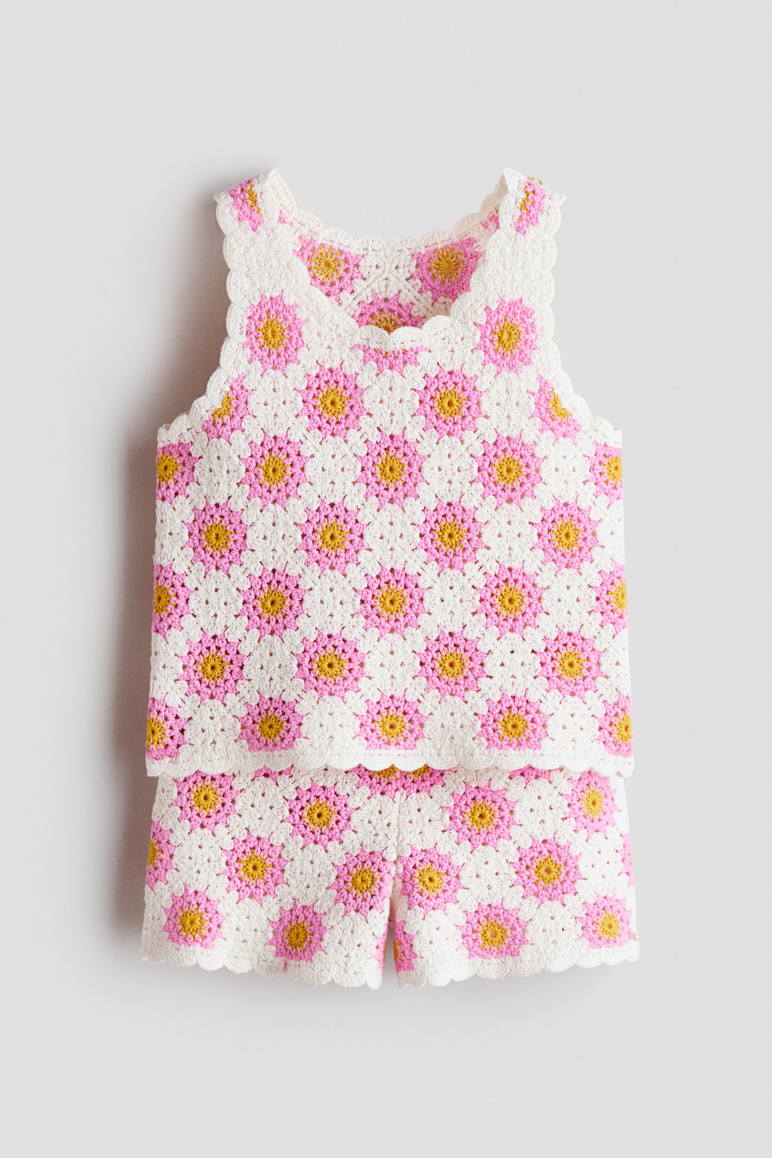 Conjunto de 2 piezas en algodón apariencia crochet - Blanco/Rosa