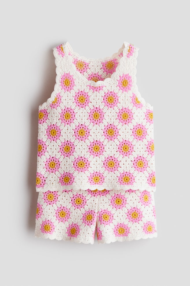 Conjunto de 2 piezas en algodón efecto crochet - Blanco/Rosa - 1