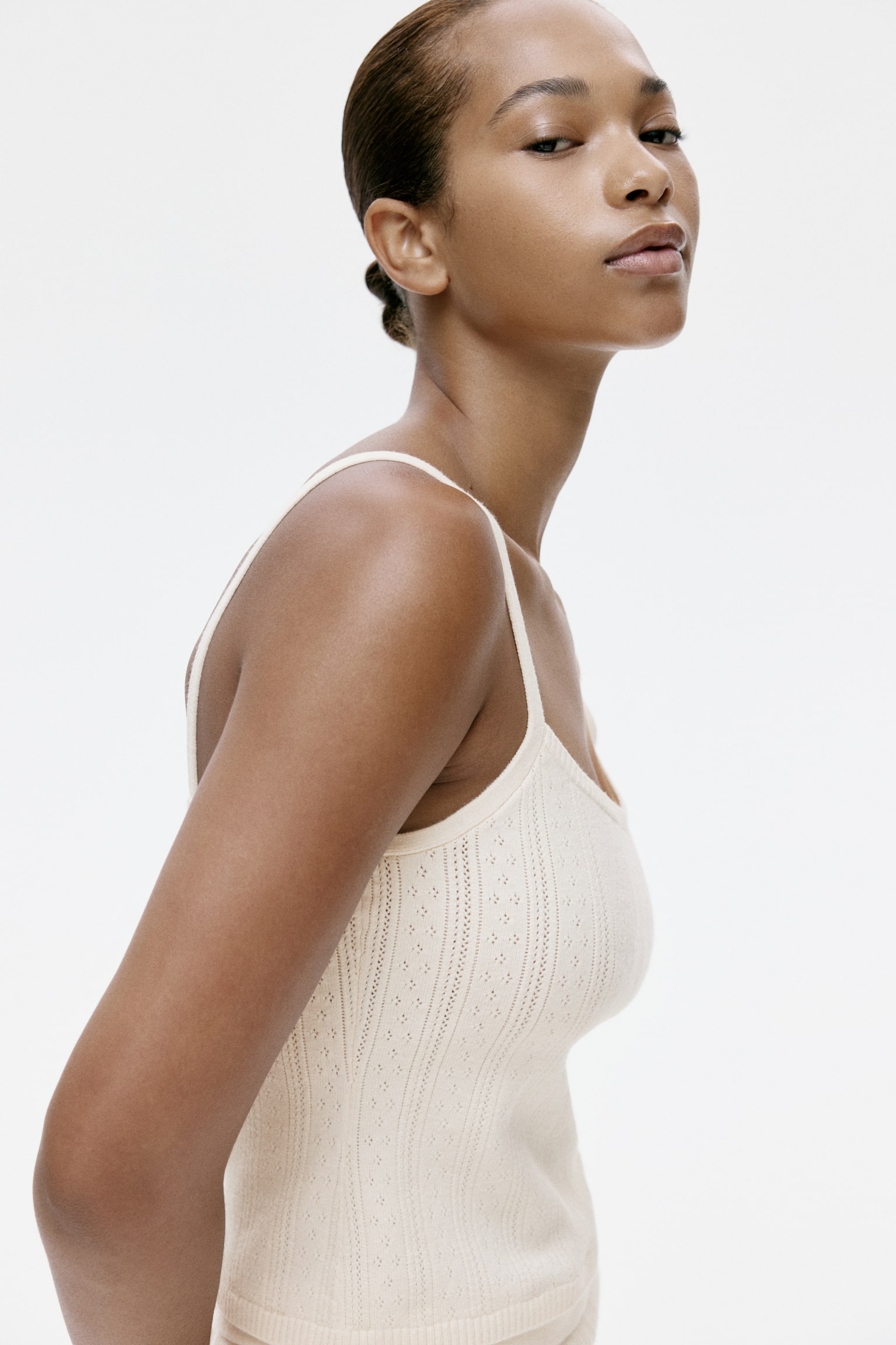 Pointelle-knit strappy top - Light beige - 3