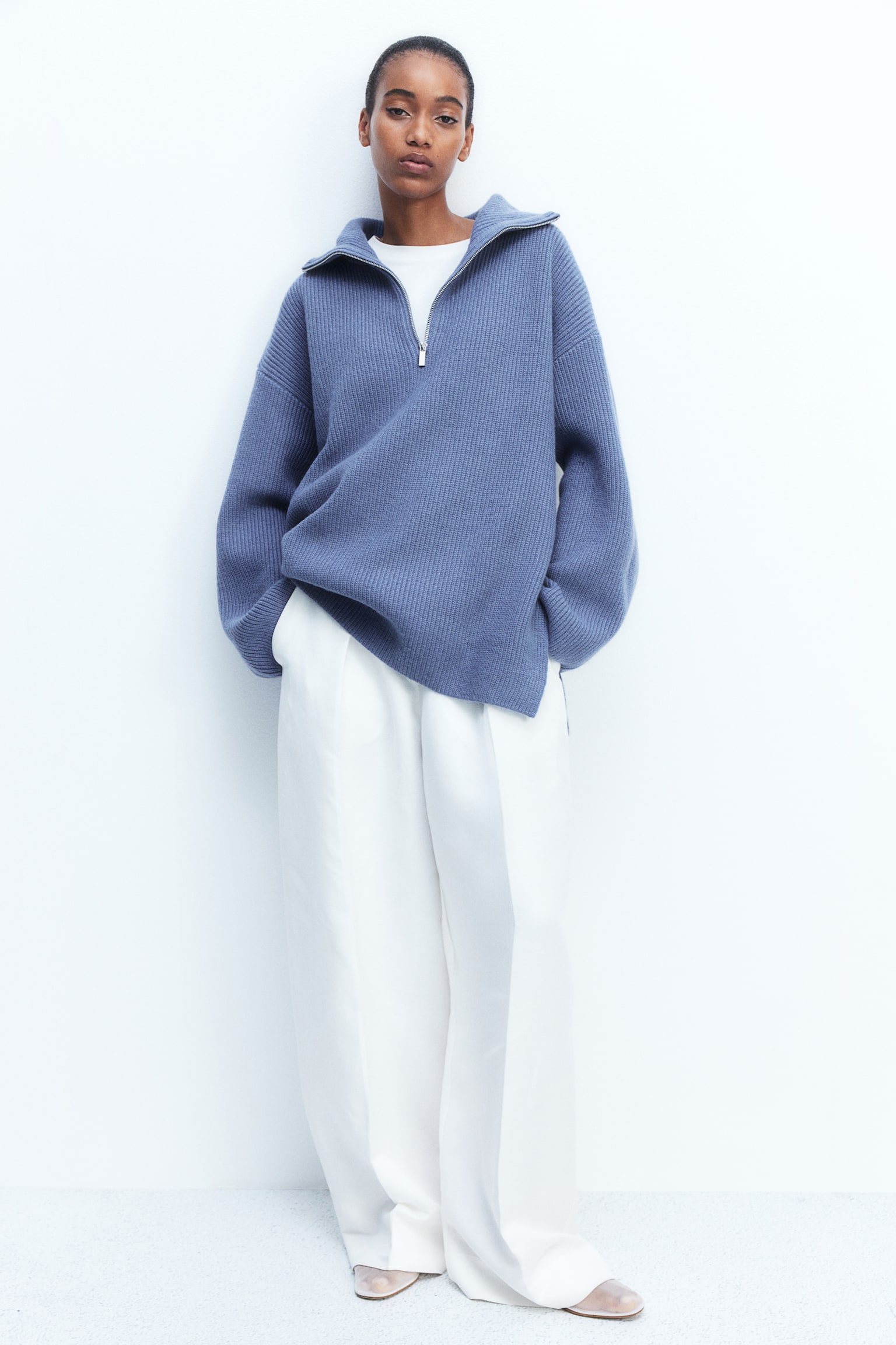 Zip-top rib-knit jumper - Pigeon blue/Brown/Black/Striped/Light beige marl/Grey marl/Navy blue - 1