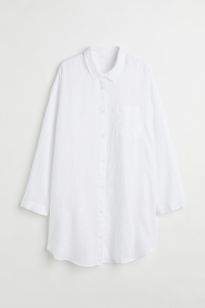 Nattskjorte i vasket lin - Hvit/Lys beige/Antrasittgrå - 1