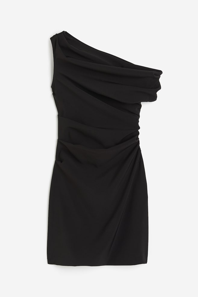 Drapowana sukienka na jedno ramię - Czarny/Kremowy - 2