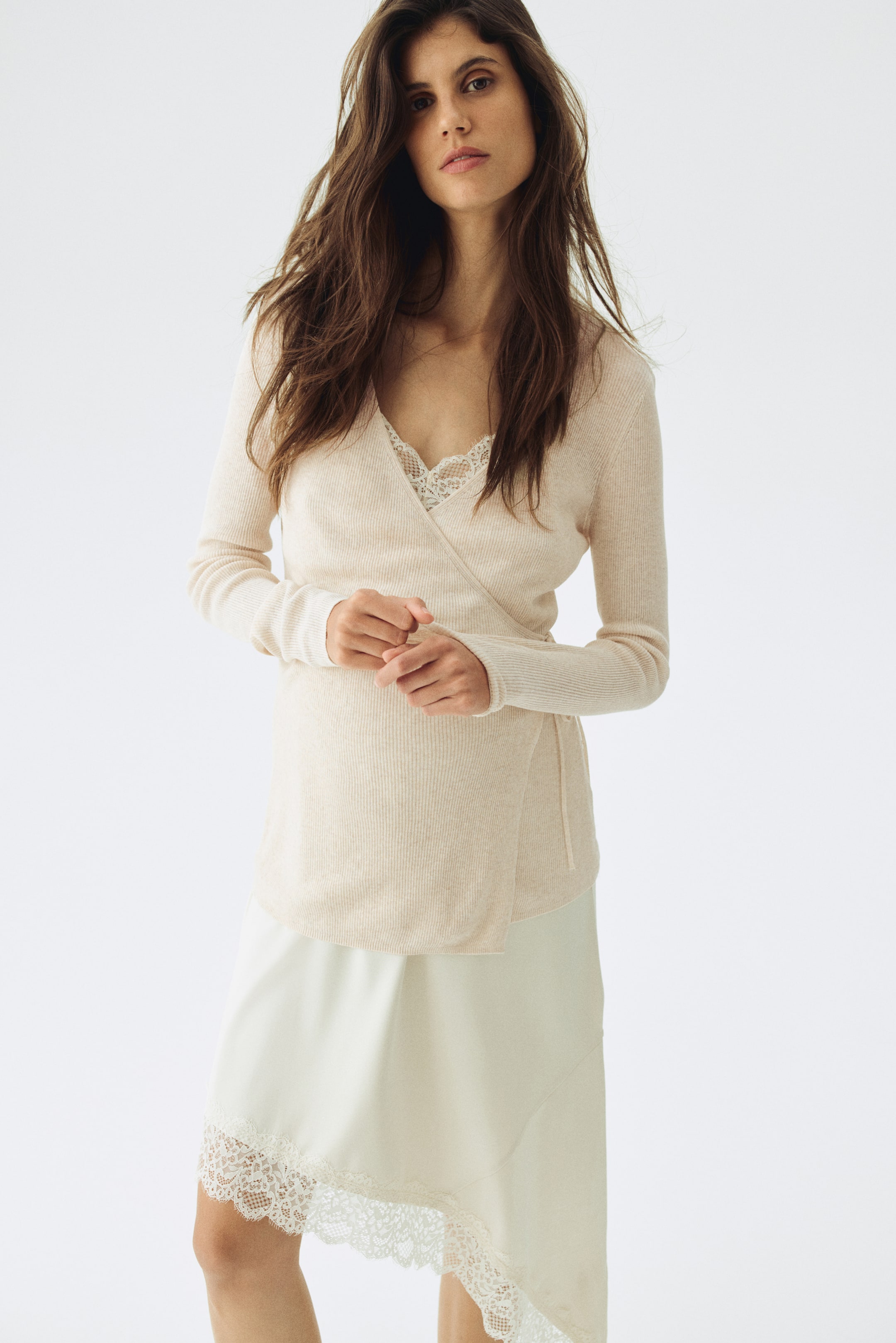 View larger image: MAMA Rib-knit wrap cardigan - Light beige - Ladies | H&M IN 1