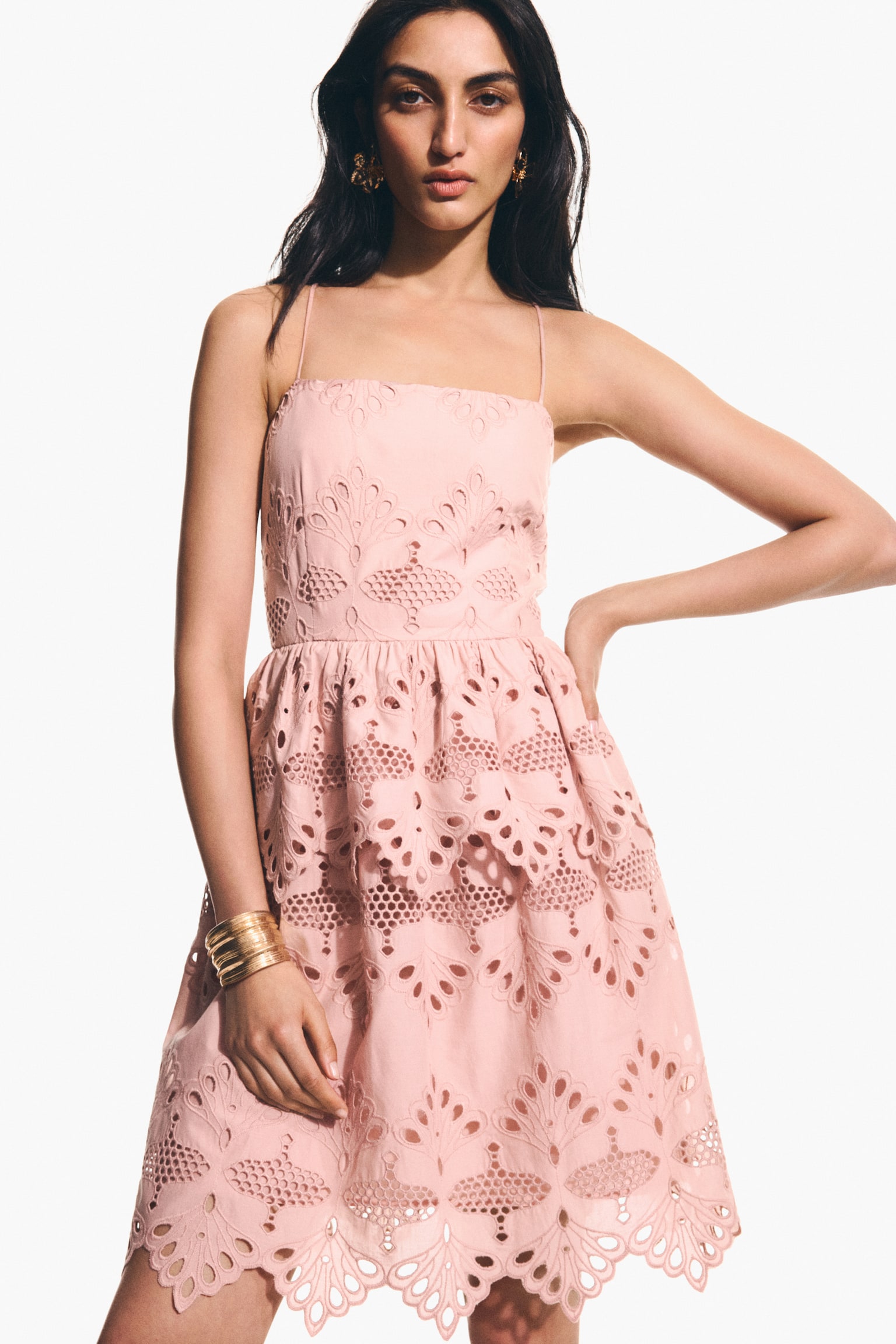 Vestido de tirantes en bordado inglés - Rosa palo - 3