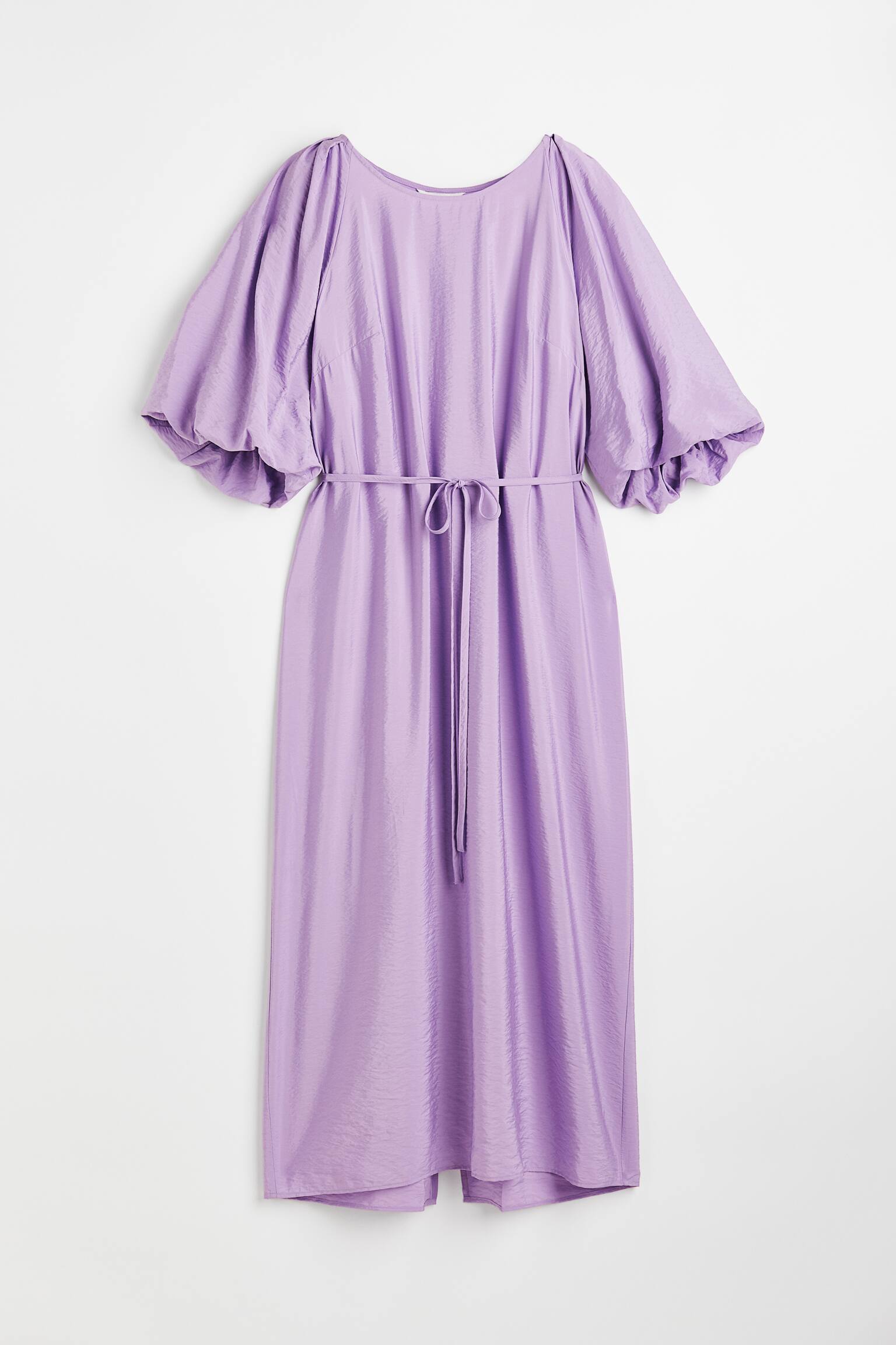 Balloon-sleeved Tie-belt Dress - Light purple - 1