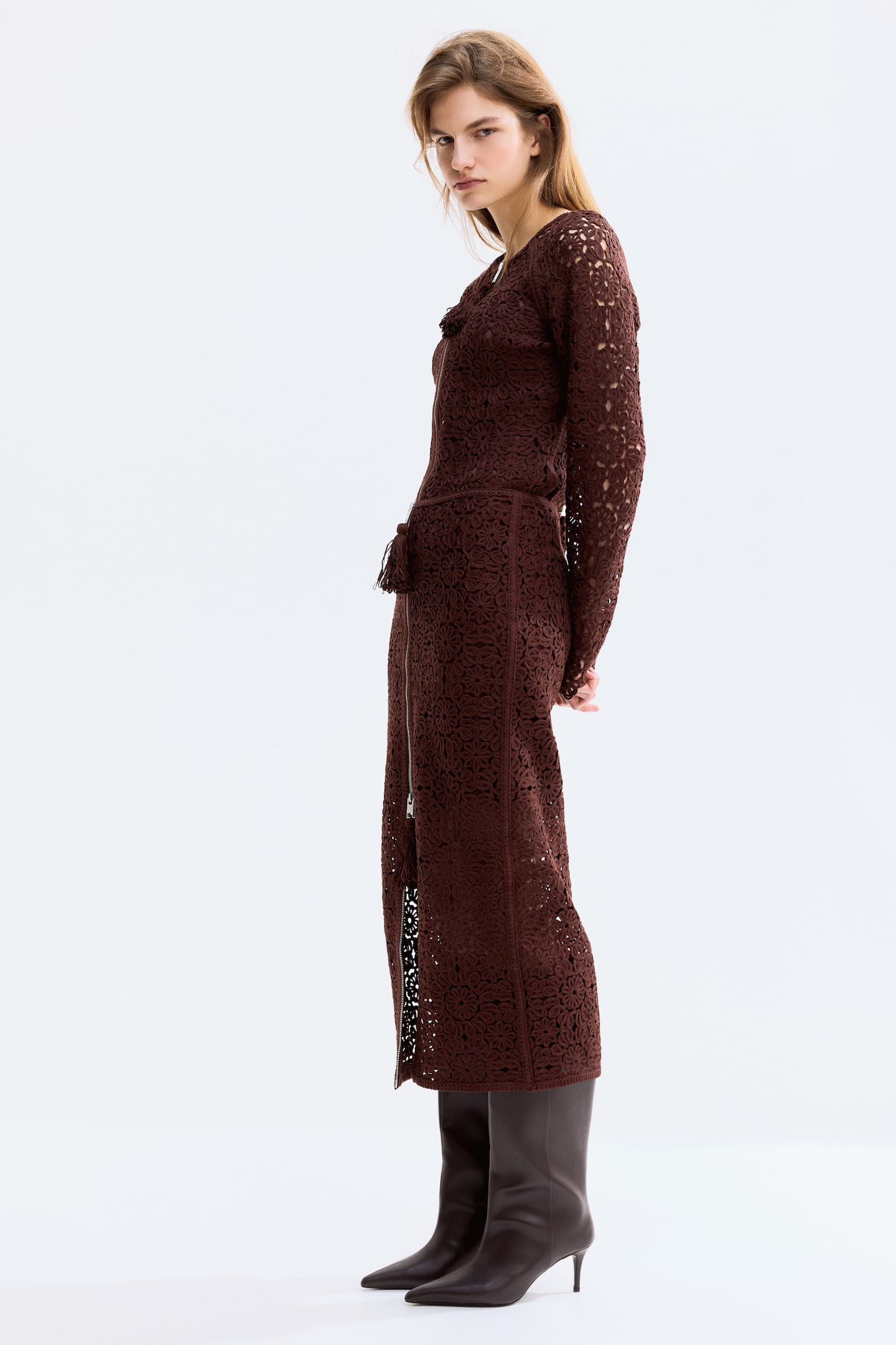 鉤花造型裙 - 深咖啡色 - 6