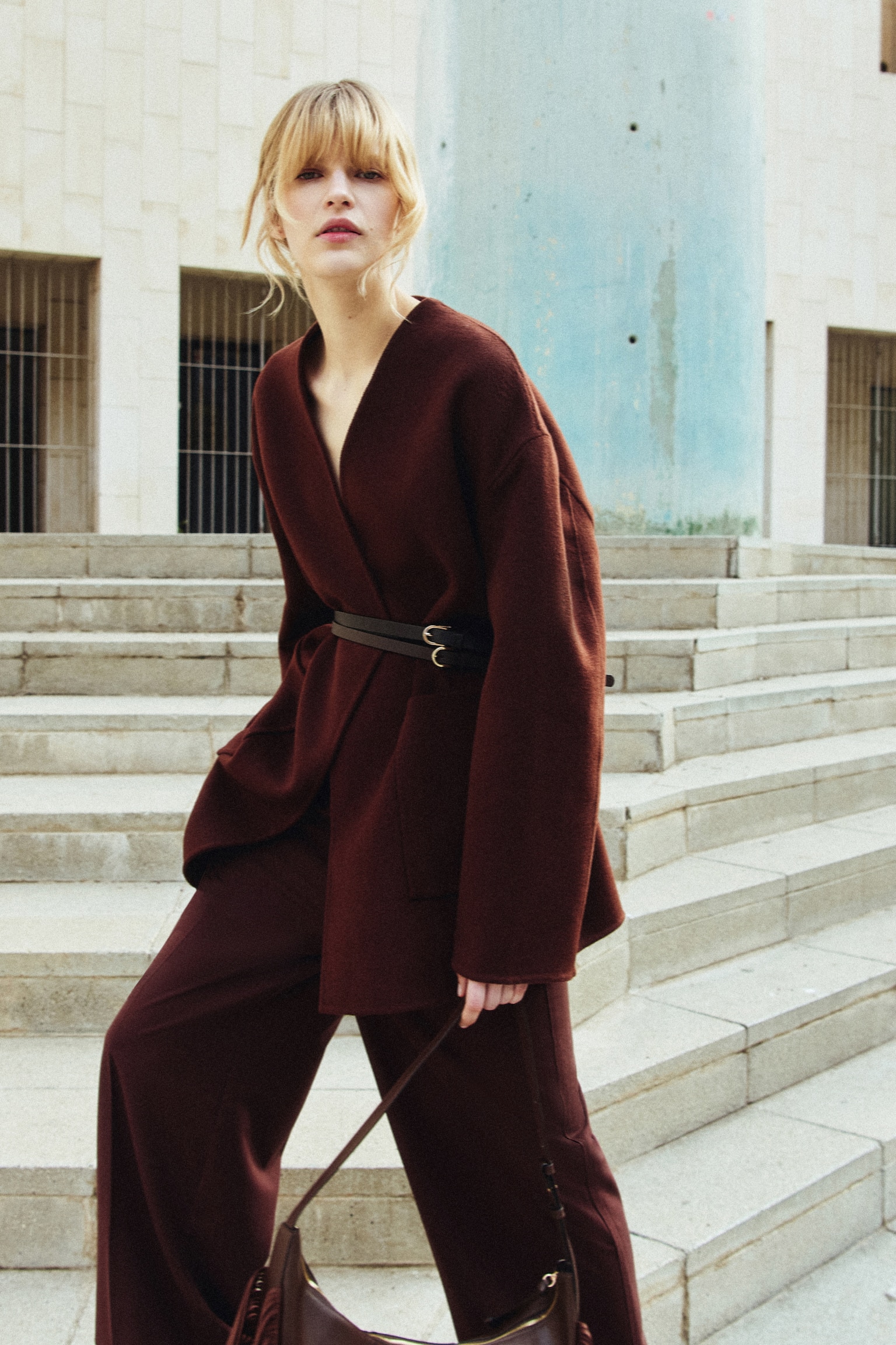 Handmade wool-blend coat - Dark rust brown/Dusty pink - 4