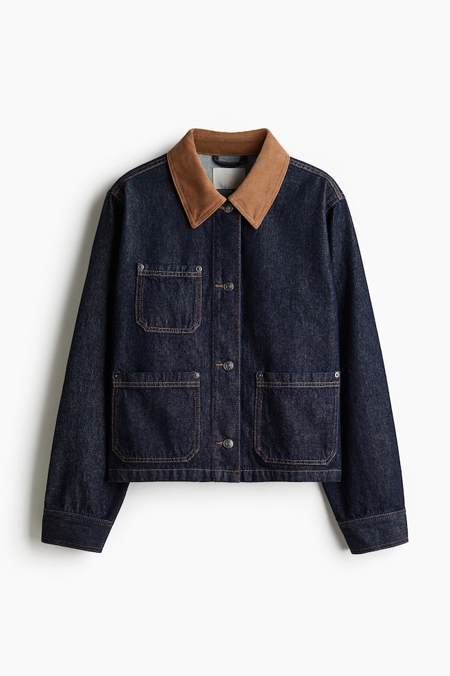 Corduroy-collar denim jacket - Dark denim blue - 1