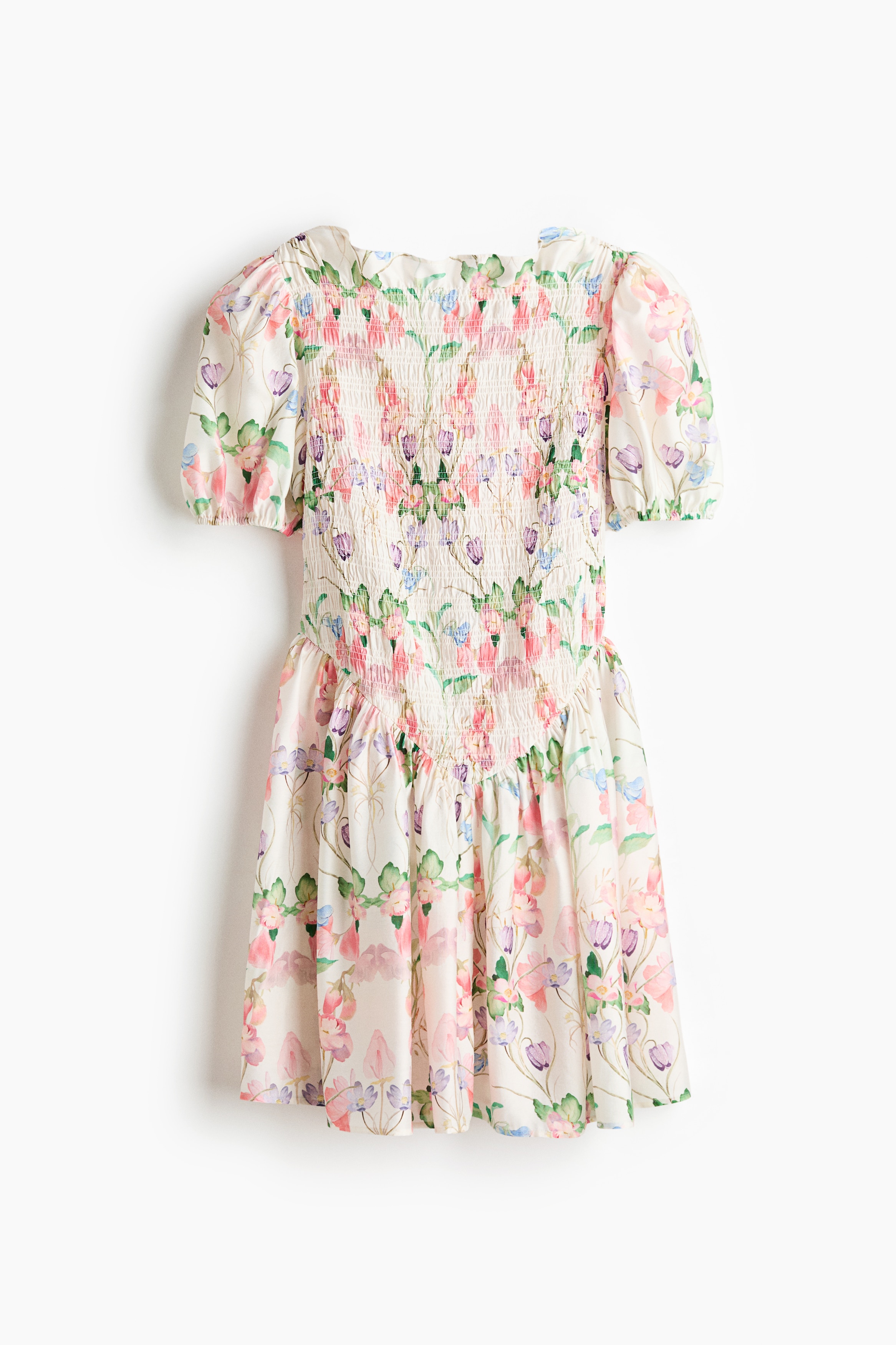 Smocked-bodice dress - White/Floral/Light dusty pink/Patterned/Dark khaki green/Light purple