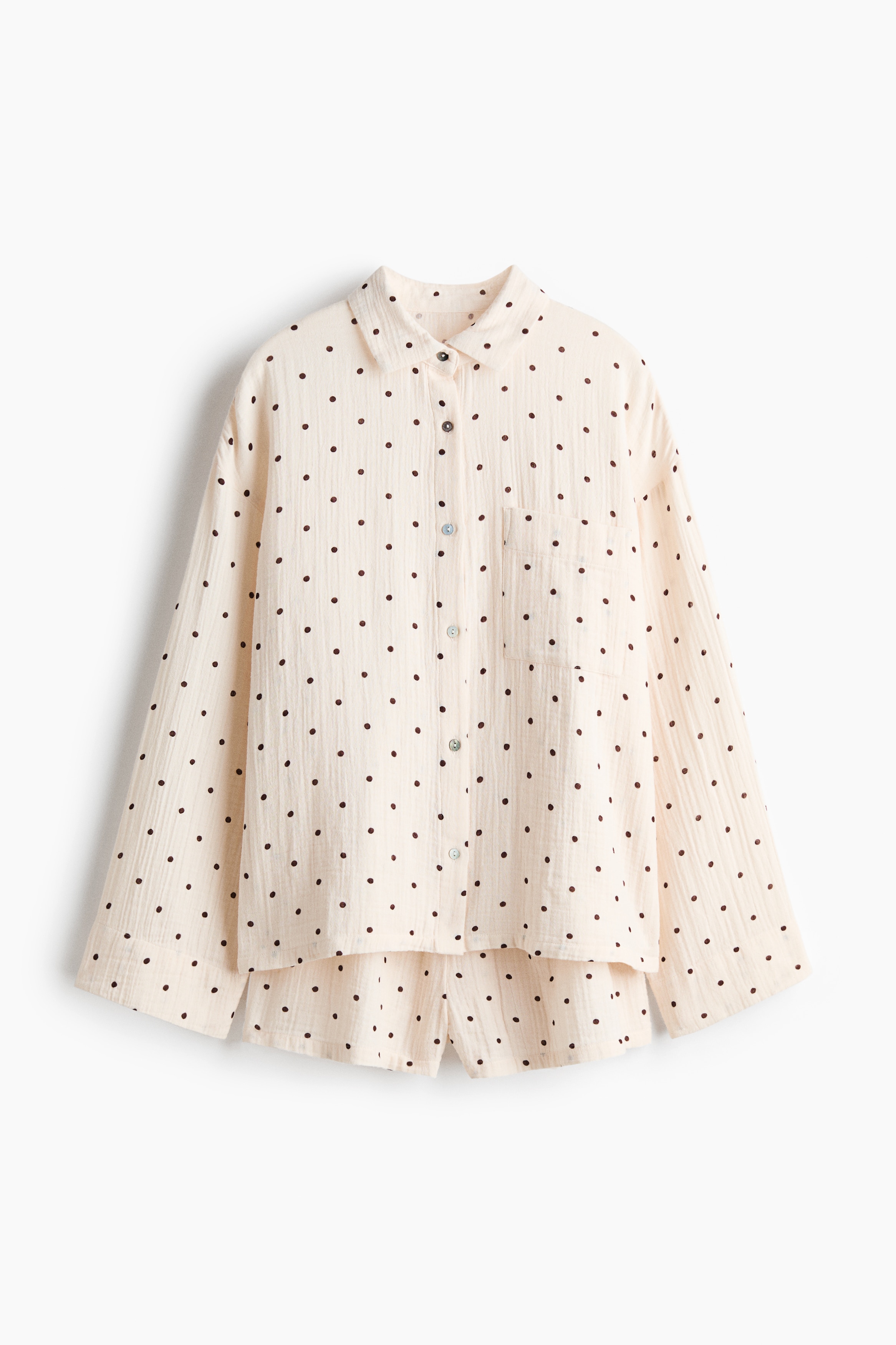 Natsæt med skjorte og shorts - Creme/Polkaprikker/Mørkebrun/Lys rosa/Hjerter/Hvid/Citroner/Støvet lys rosa/Hvid/Sorte hjerter/Sart gul/Lys rosa/Mørkeblå/Lys beige/Leopardmønstret/Støvet lyseblå/Hvid/Citroner/Sort/Pudderrosa/Blomstret