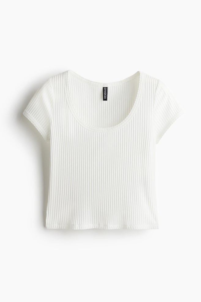 Picot-Trimmed Ribbed T-Shirt - Cream/Light blue/Black - 1