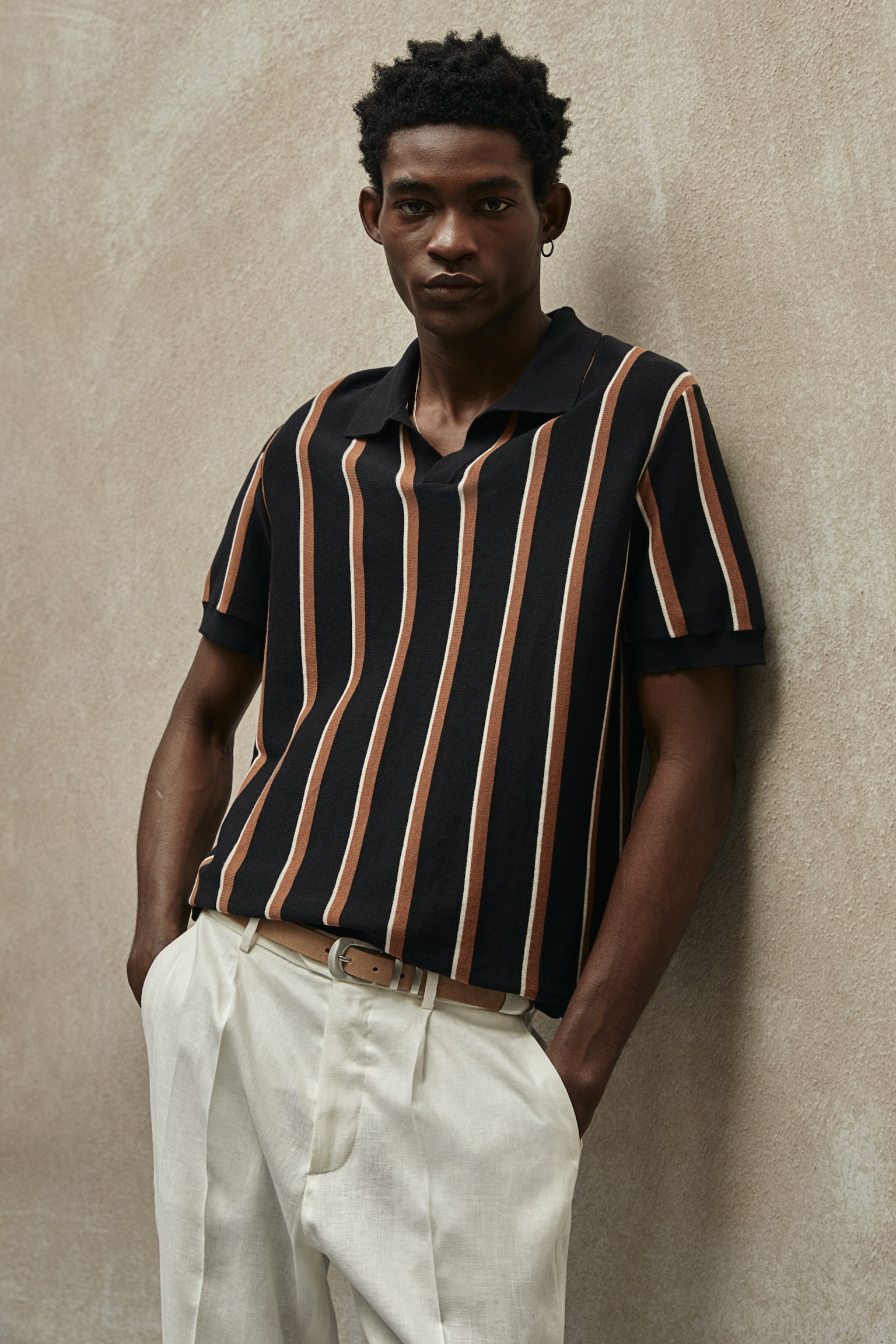 Regular Fit Fine-knit polo shirt - Black/Striped/Beige/Striped - 1