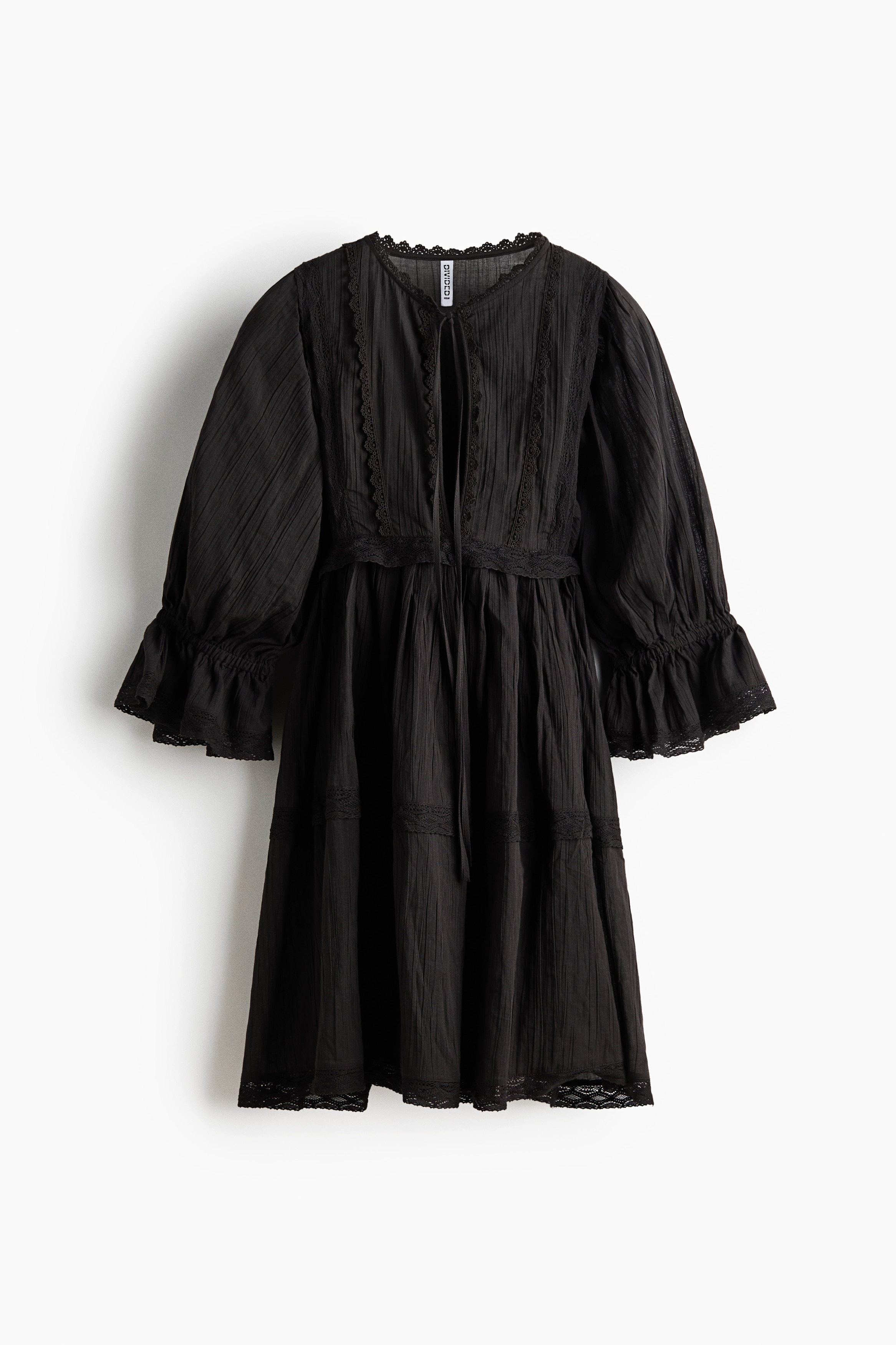 Vestido de algodón con borde de encaje - Gris grafito/Blanco