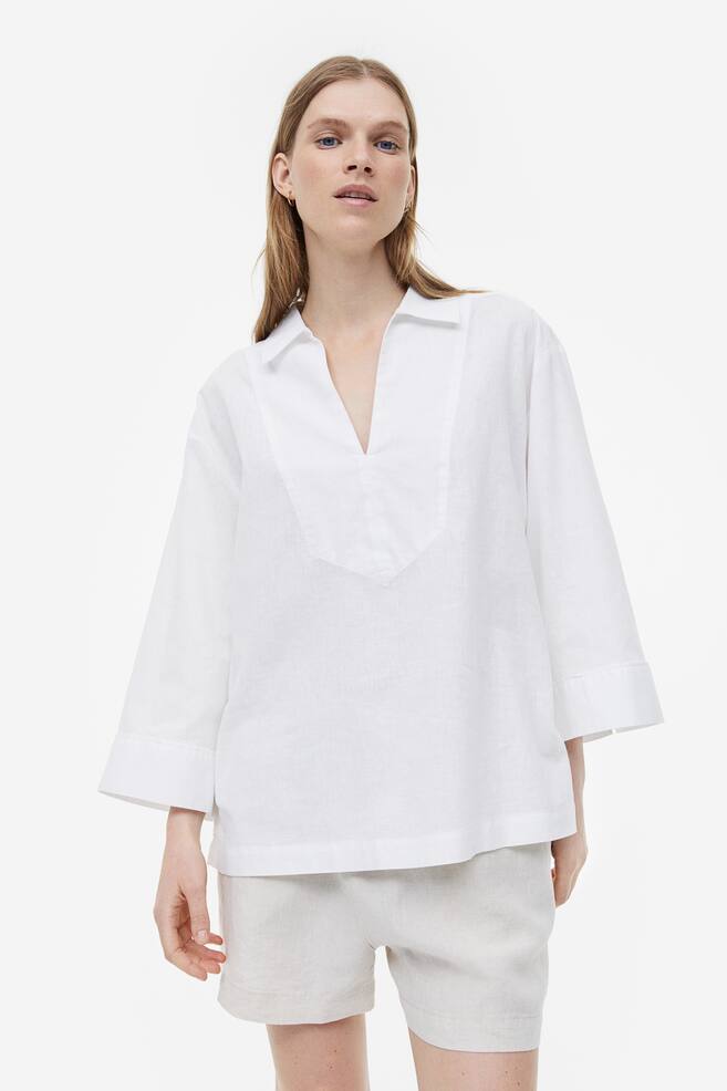 Linen-blend popover shirt - White/Black - 10