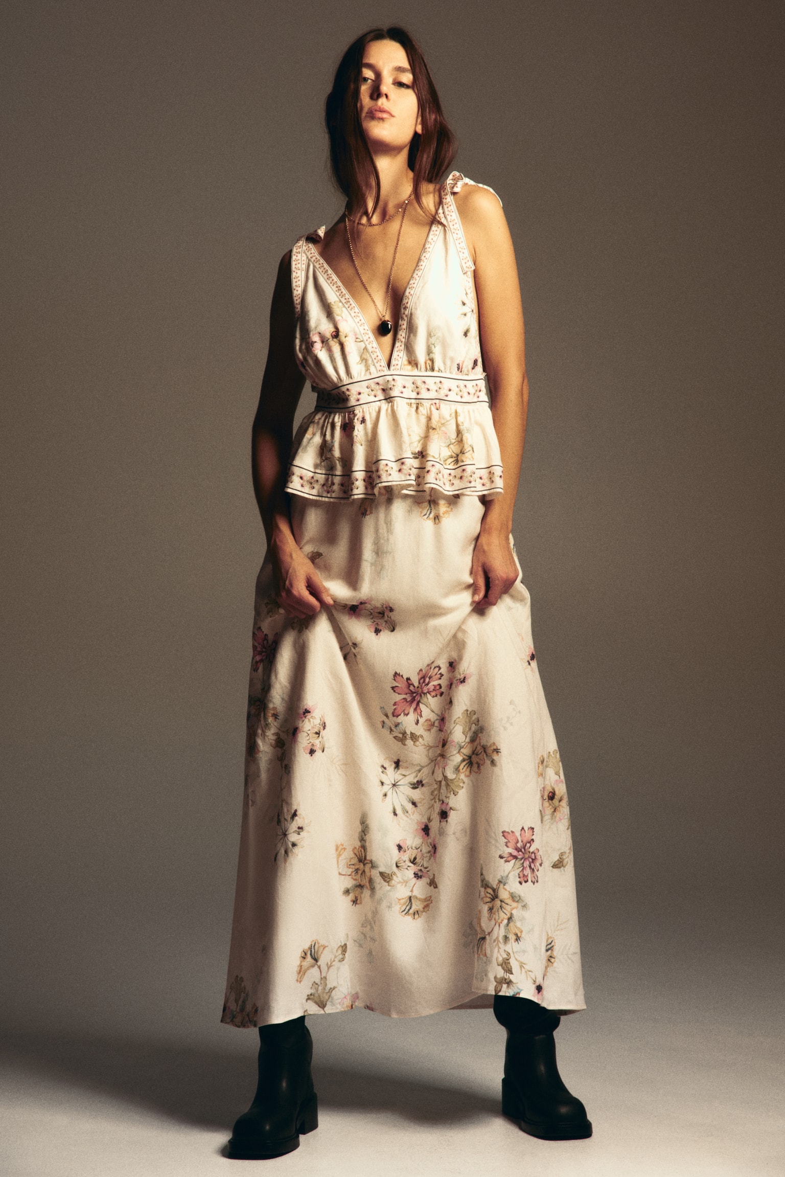 Linen-blend tie-strap dress - Light beige/Floral - 5