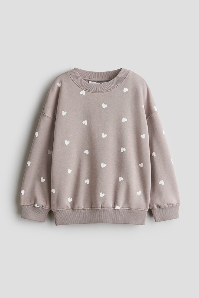 Brushed-Inside Sweatshirt - Taupe/hearts/Light pink/Light purple/Light blue/cherries/Light pink/Pink/striped/Light dusty pink/cherries/Dusty purple/hearts/Turquoise/hearts/Pink/hearts/Light beige/leopard print/Pink/Cream/hearts/Light pink/hearts - 1