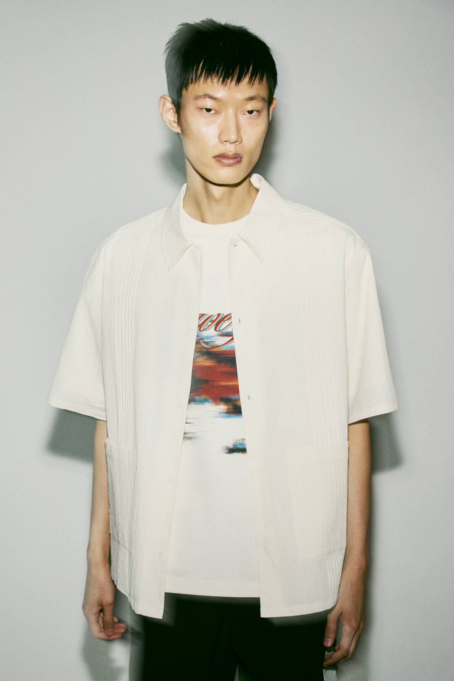 Loose Fit Textured short-sleeved shirt - Cream/Black - 6