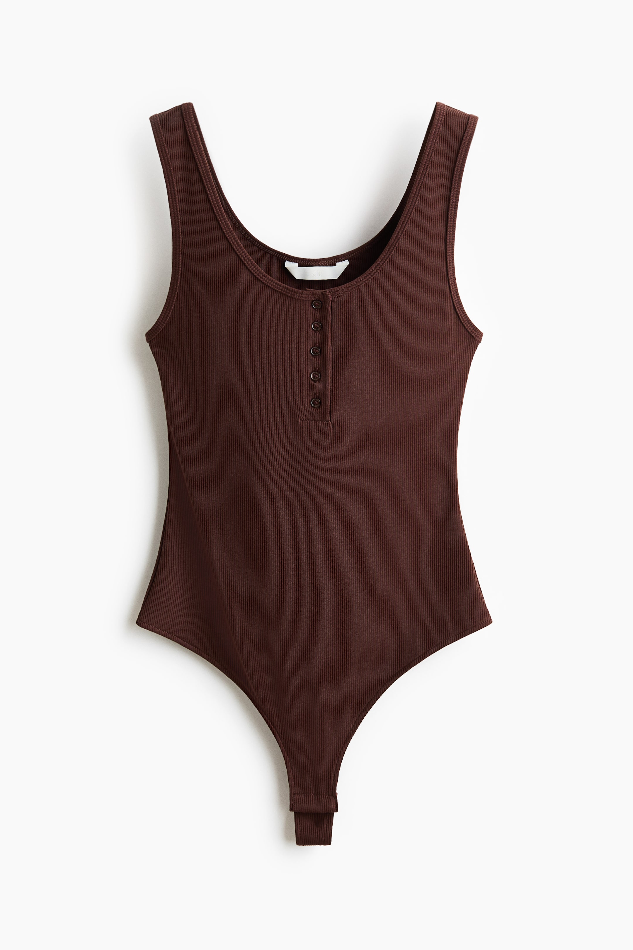 View larger image: Presenting a dark brown sleeveless body crafted from ribbed jersey, showcased from the front. It highlights a scoop neckline with narrow binding, a button placket adorned with five buttons, and narrow binding around the armholes. Concealed press-studs are visible at the crotch.