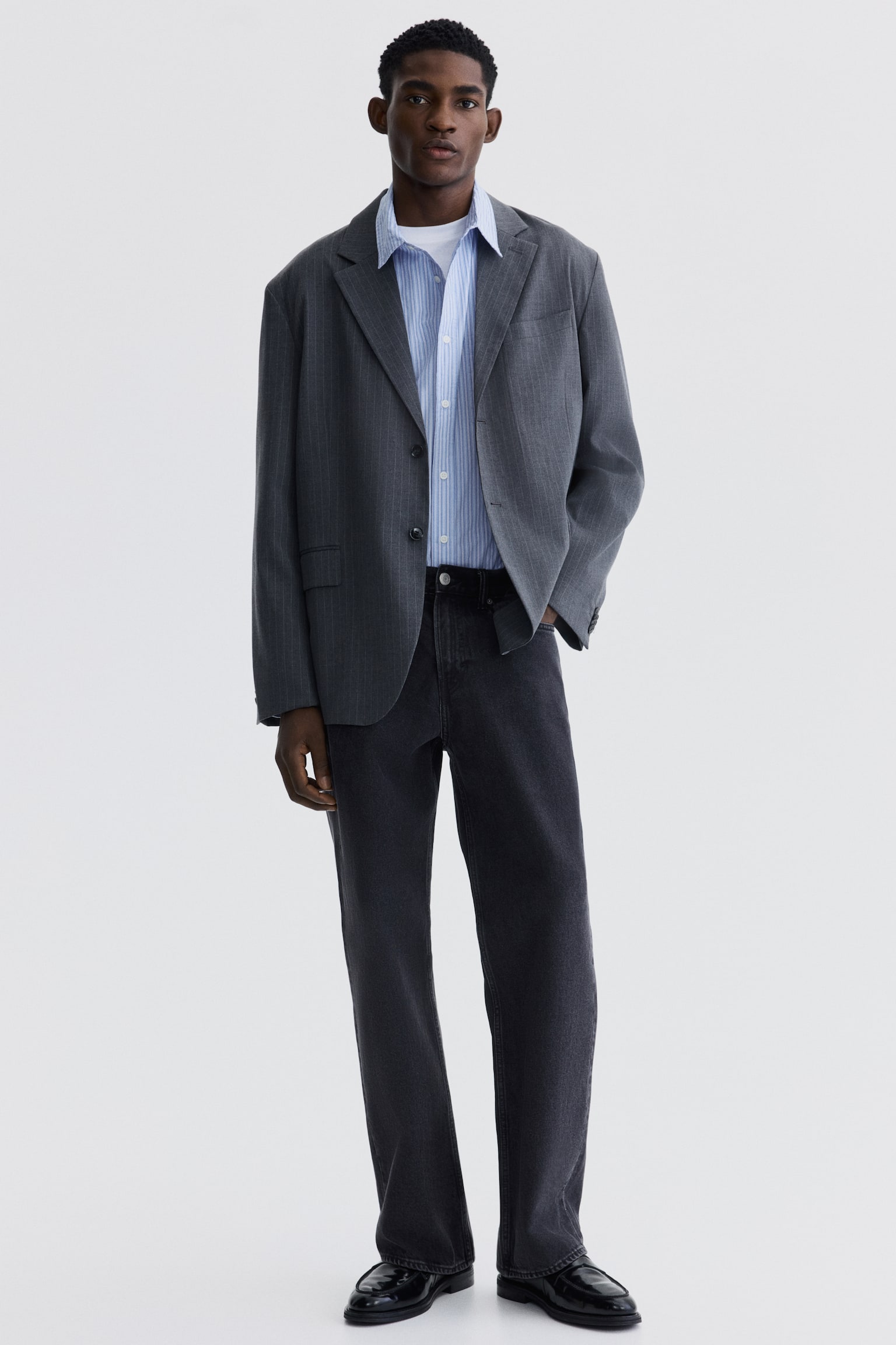 Однобортний піджак Oversized Fit - Сірий/тонка смужка - 2
