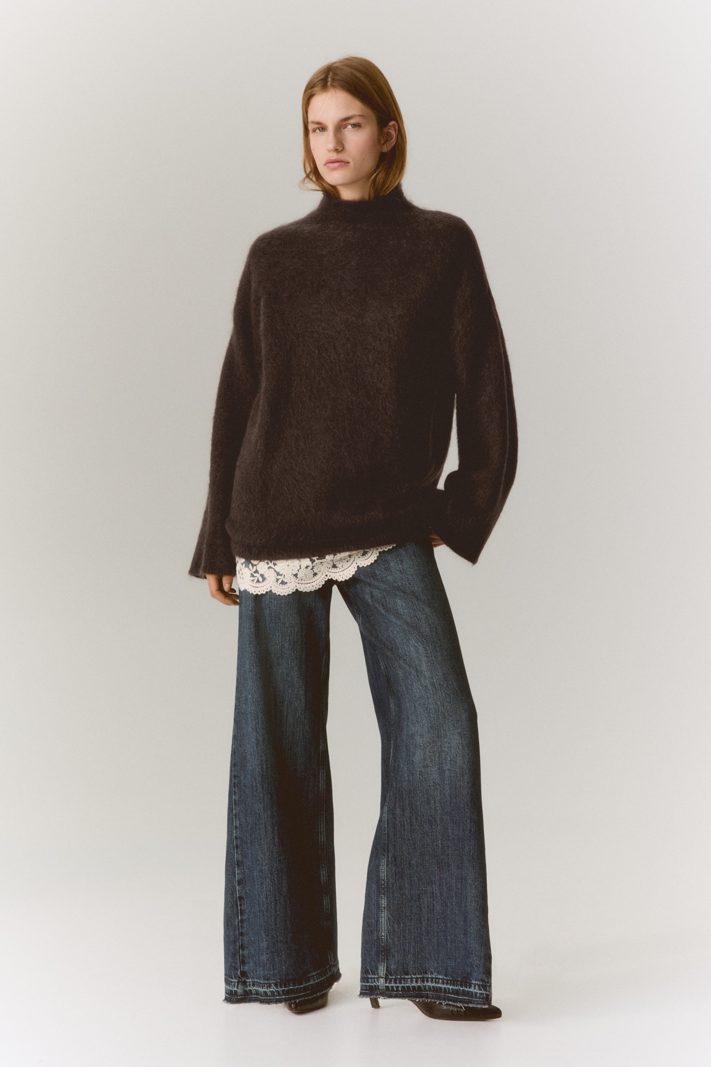 Lace-trimmed mohair-blend jumper - Dark brown/Grey marl