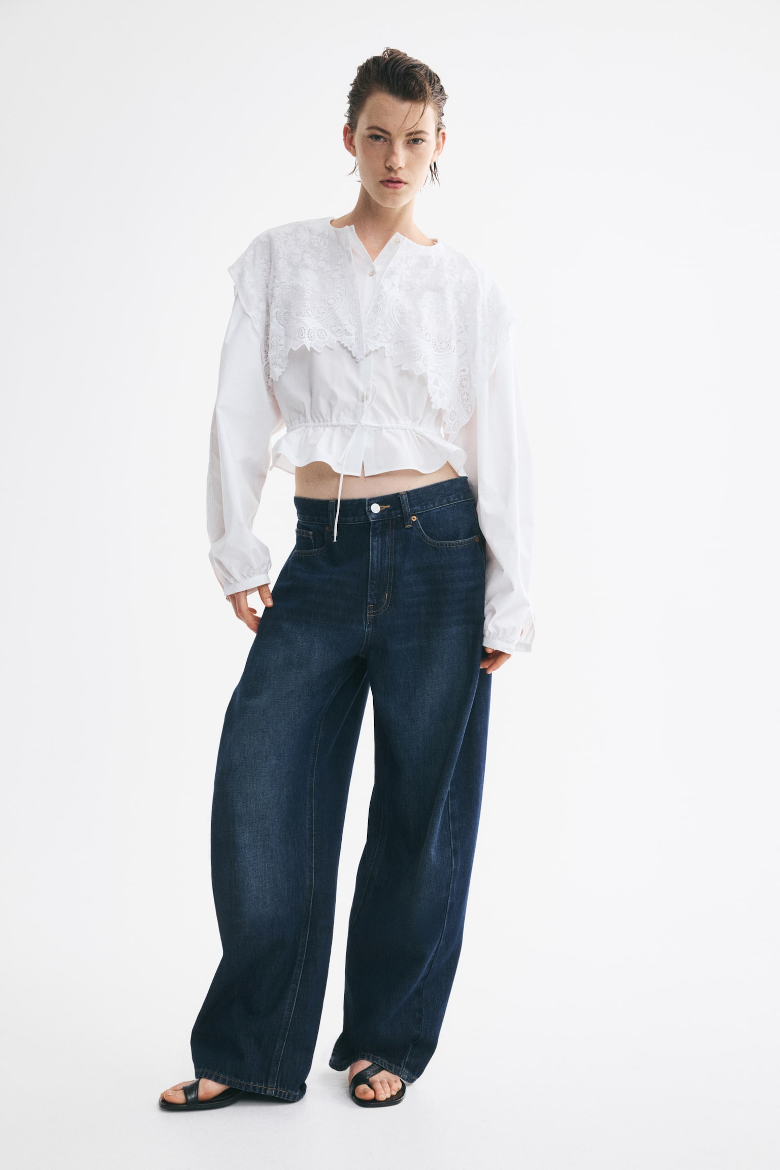 Женская блузка H&M Lace-Trimmed Cotton Blouse, цвет: Белый — фото 3