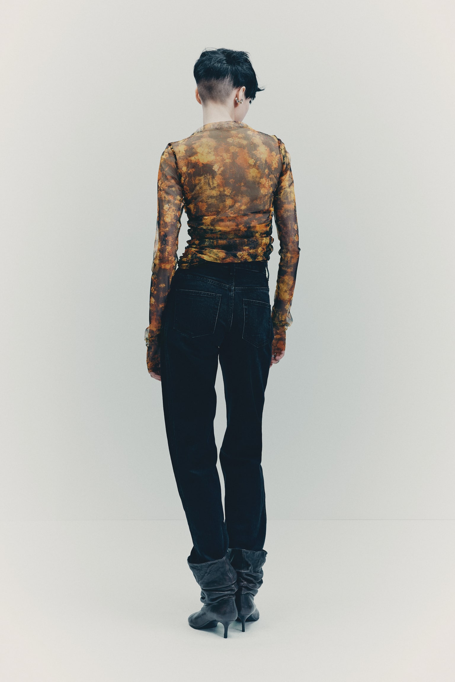 Draped mesh top - Black/Floral - 3