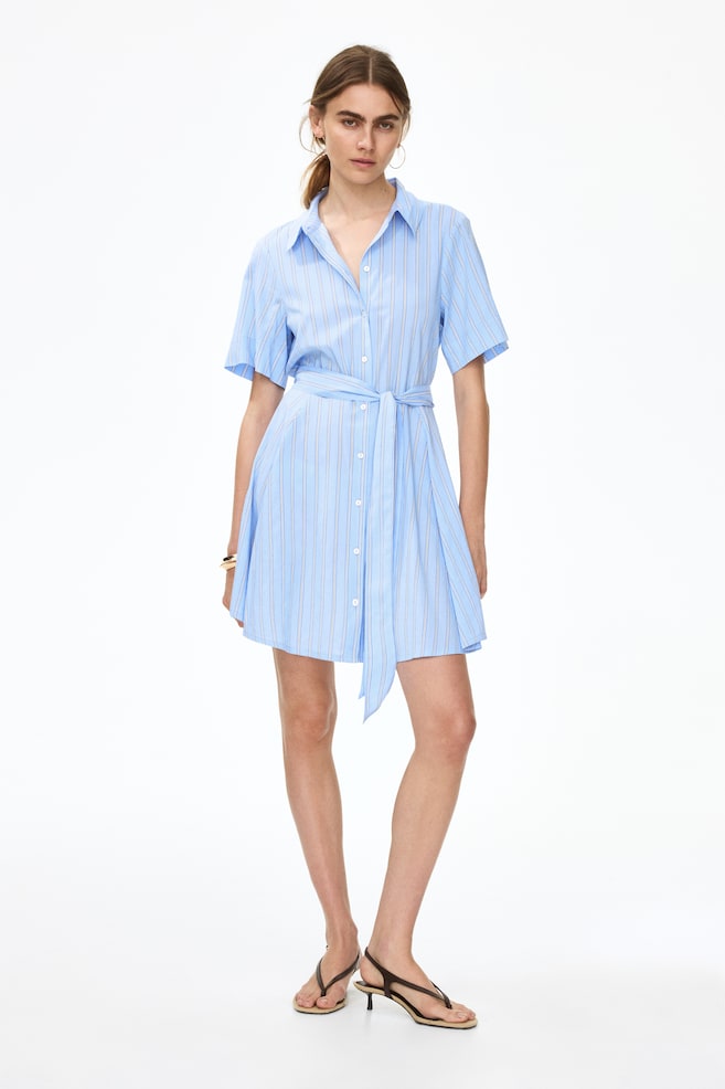 Blusenkleid mit Bindegürtel-Hellblau/Gestreift - 6