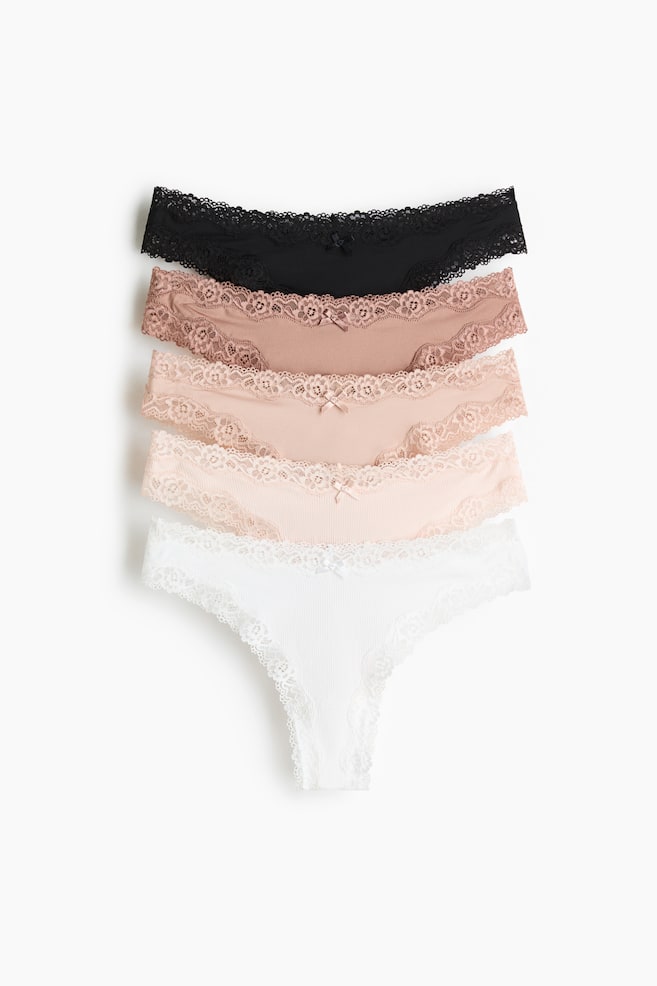 Pack de 5 bragas Brazilian de microfibra y encaje - Blanco/Rosa empolvado/Negro/Azul paloma/Azul claro/Marrón/Estampado de leopardo - 1