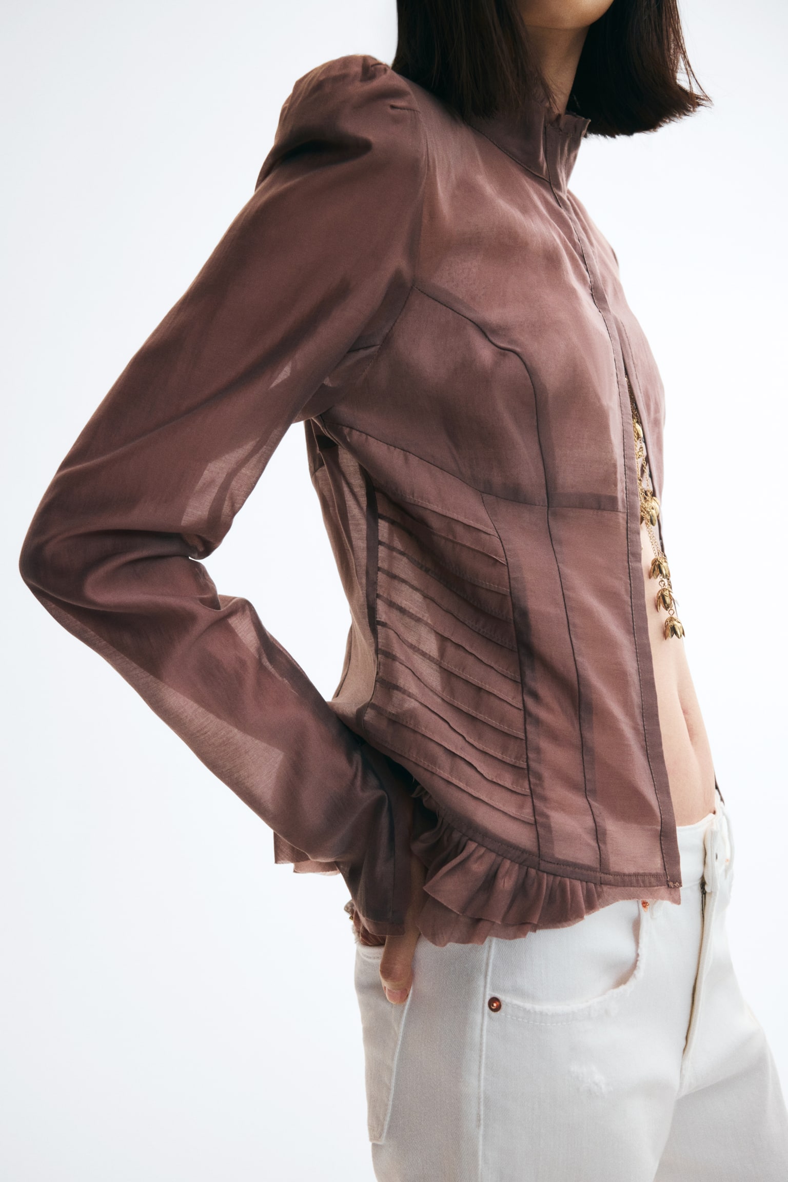 Женская блузка H&M Fitted Shoulder-Pad Blouse, цвет: Пыльный фиолетовый — фото 4