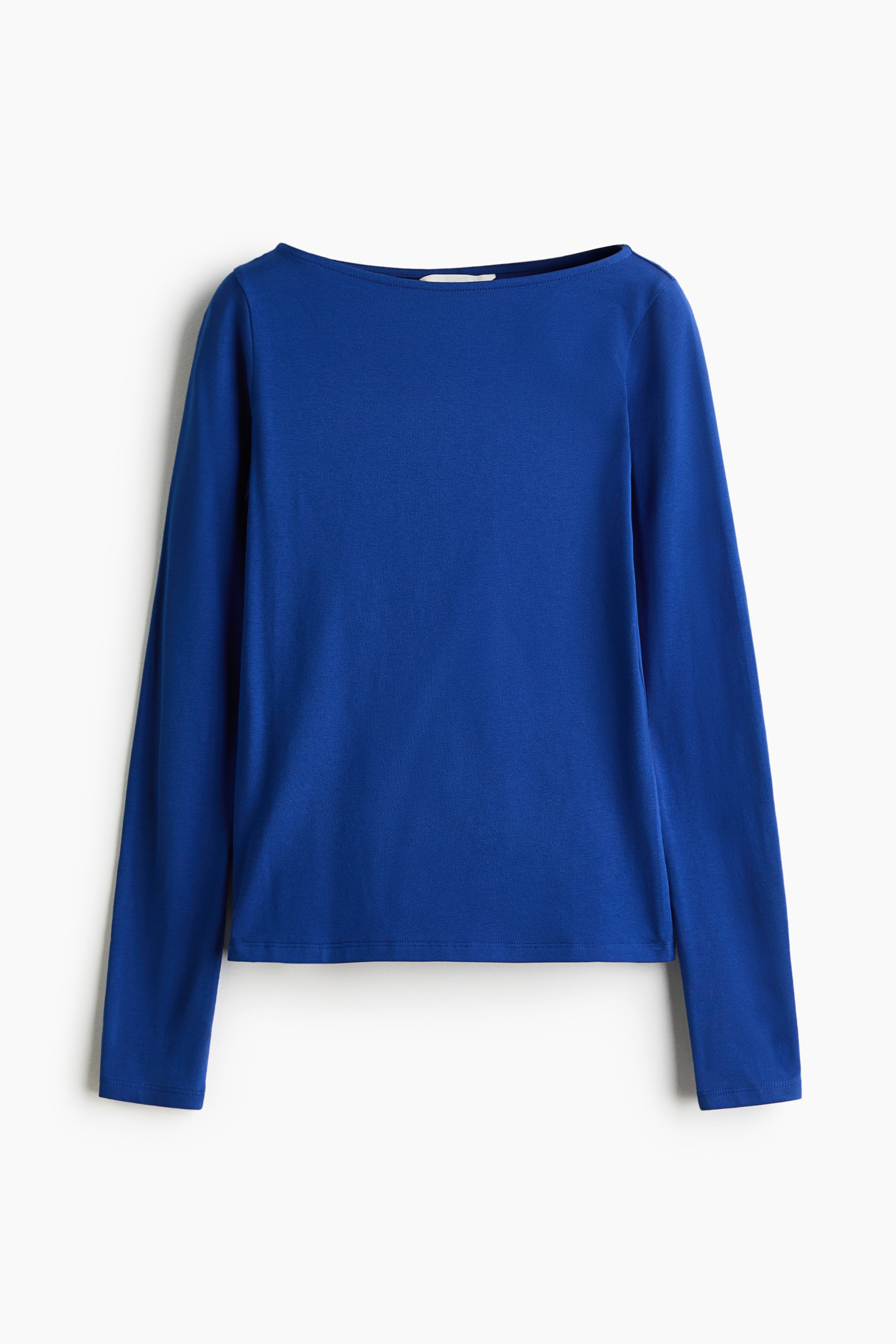 Visualizza l'immagine ingrandita: Un top in jersey di cotone blu è rivolto frontalmente, con scollo a barca e maniche lunghe.