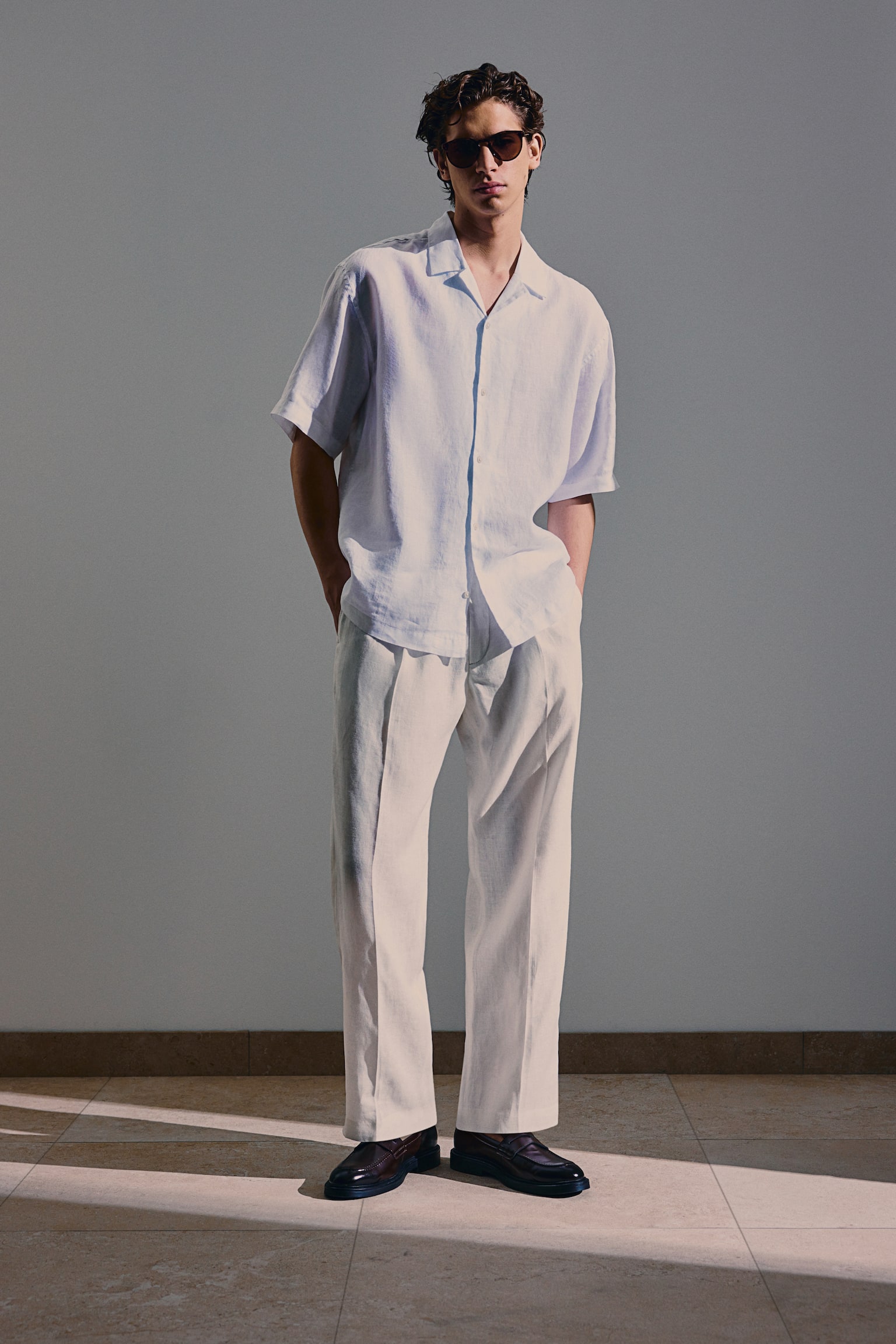 Relaxed Fit Linen resort shirt - White/Navy blue - 3