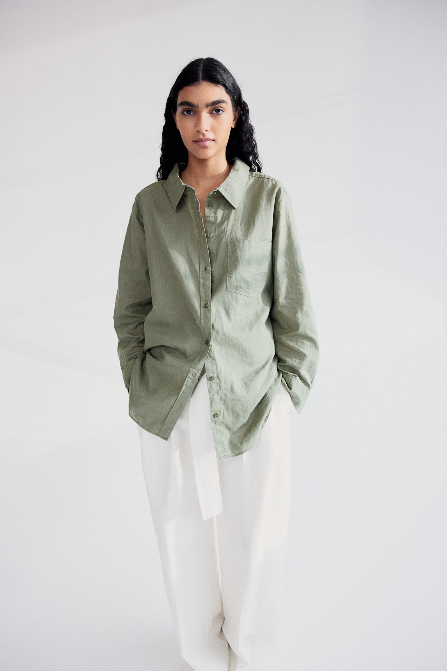 Linen Blend Shirt - Khaki green/Yellow/Stripe/White/Light blue/Light beige/Blue/Bright blue/Black/Blue/White stripe - 1