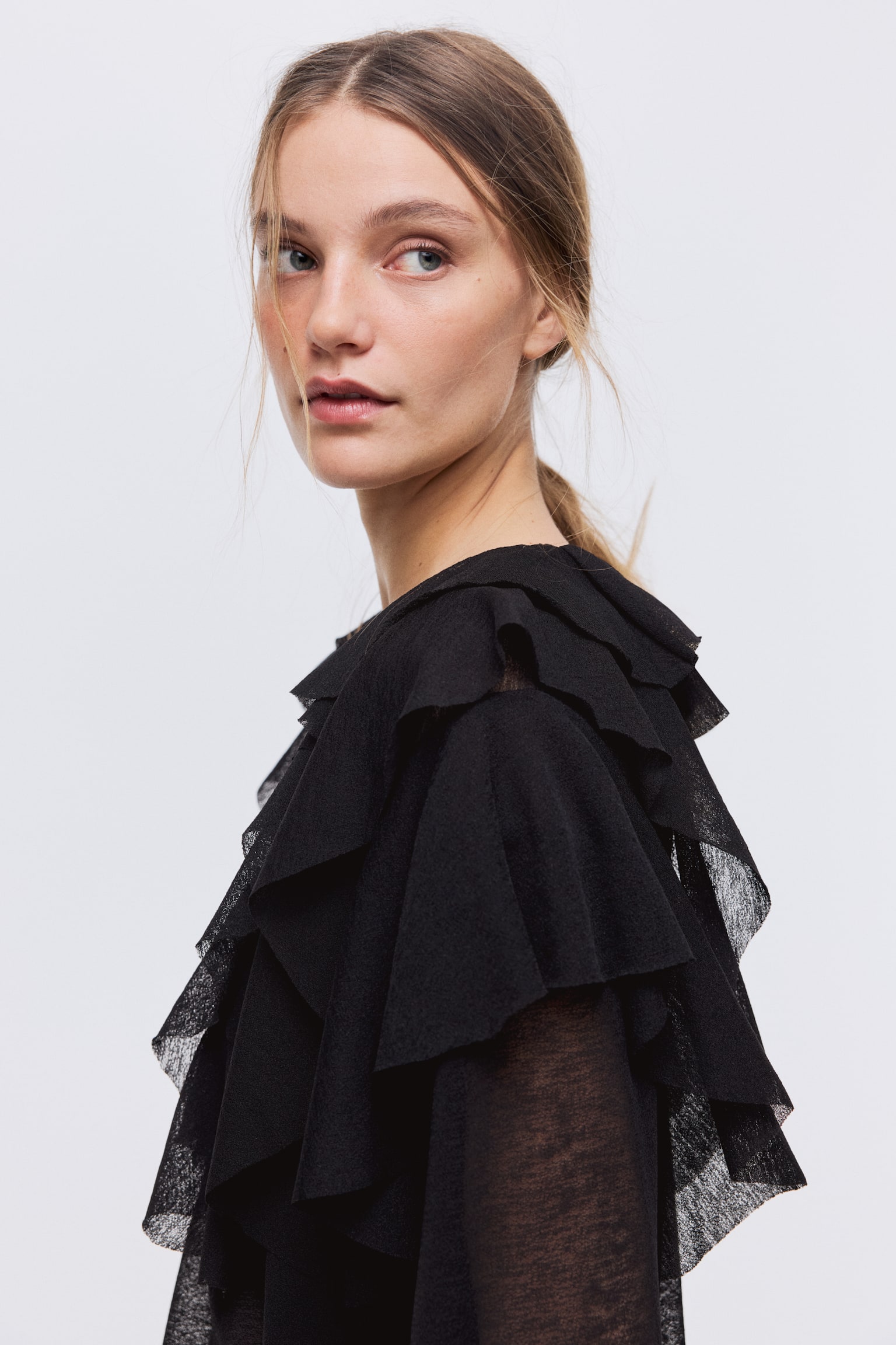 Μπλούζα με βολάν - Μαύρο/Σκούρο καφέ - 1