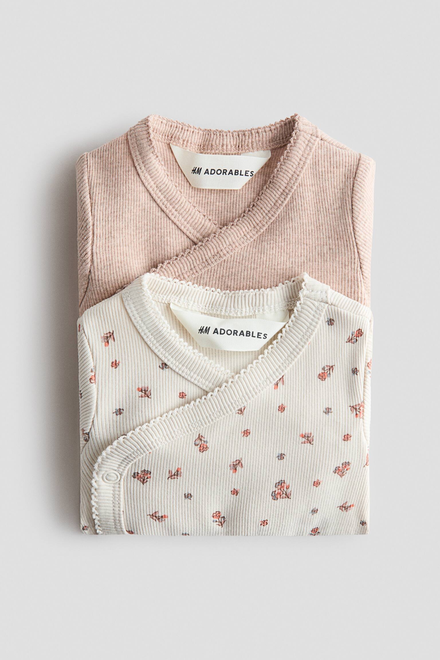 2-pack ribbed wrapover bodysuits - Beige/Floral - 2