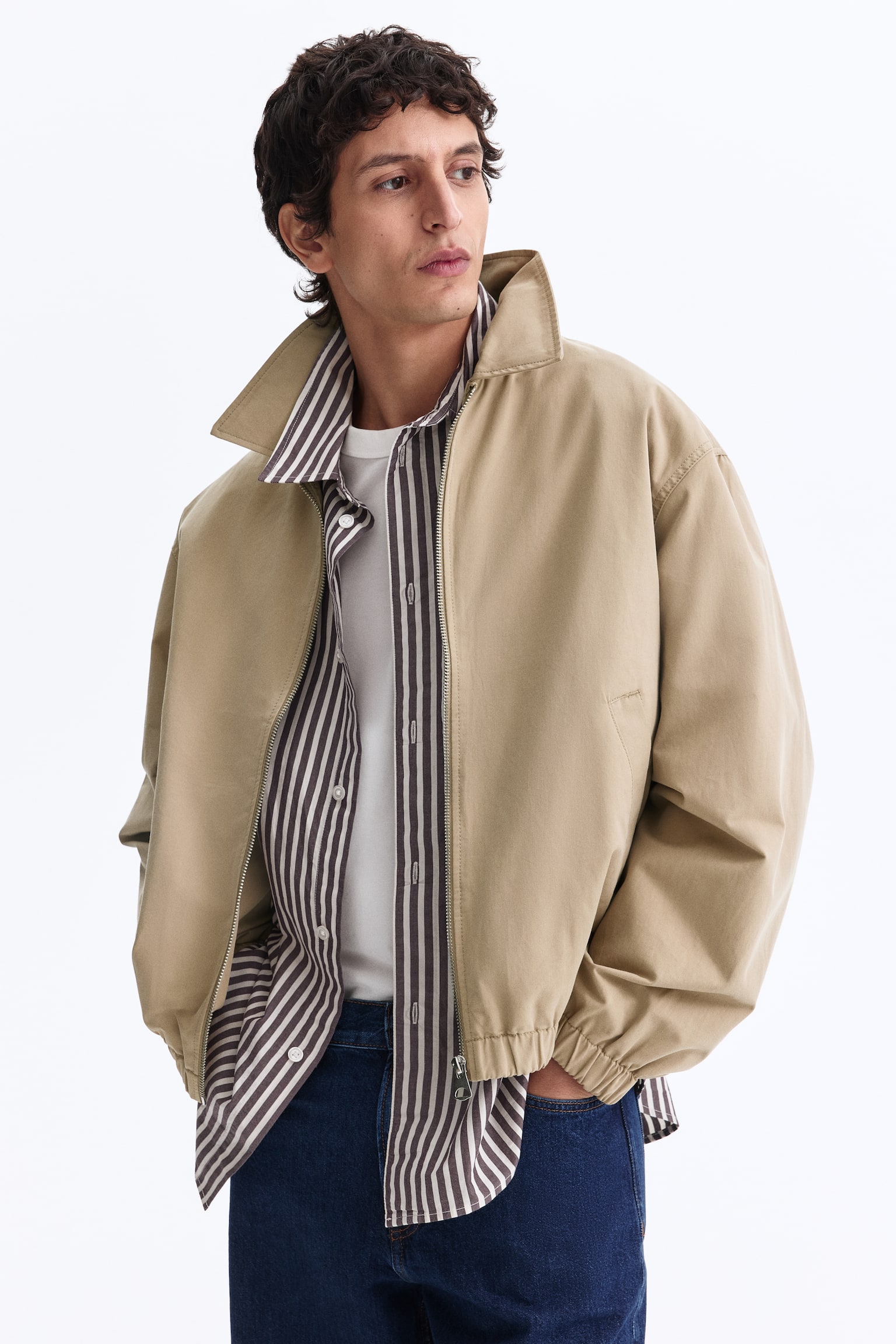 Collared cotton jacket - Beige/Black/Navy blue - 1